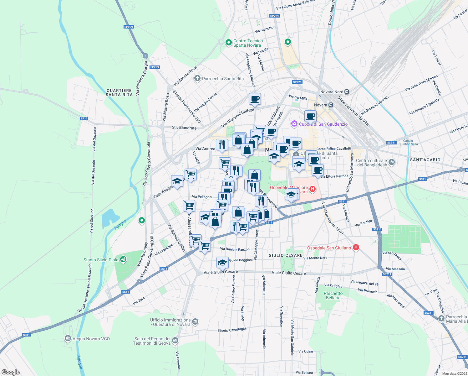 map of restaurants, bars, coffee shops, grocery stores, and more near 15 Corso Torino in Novara