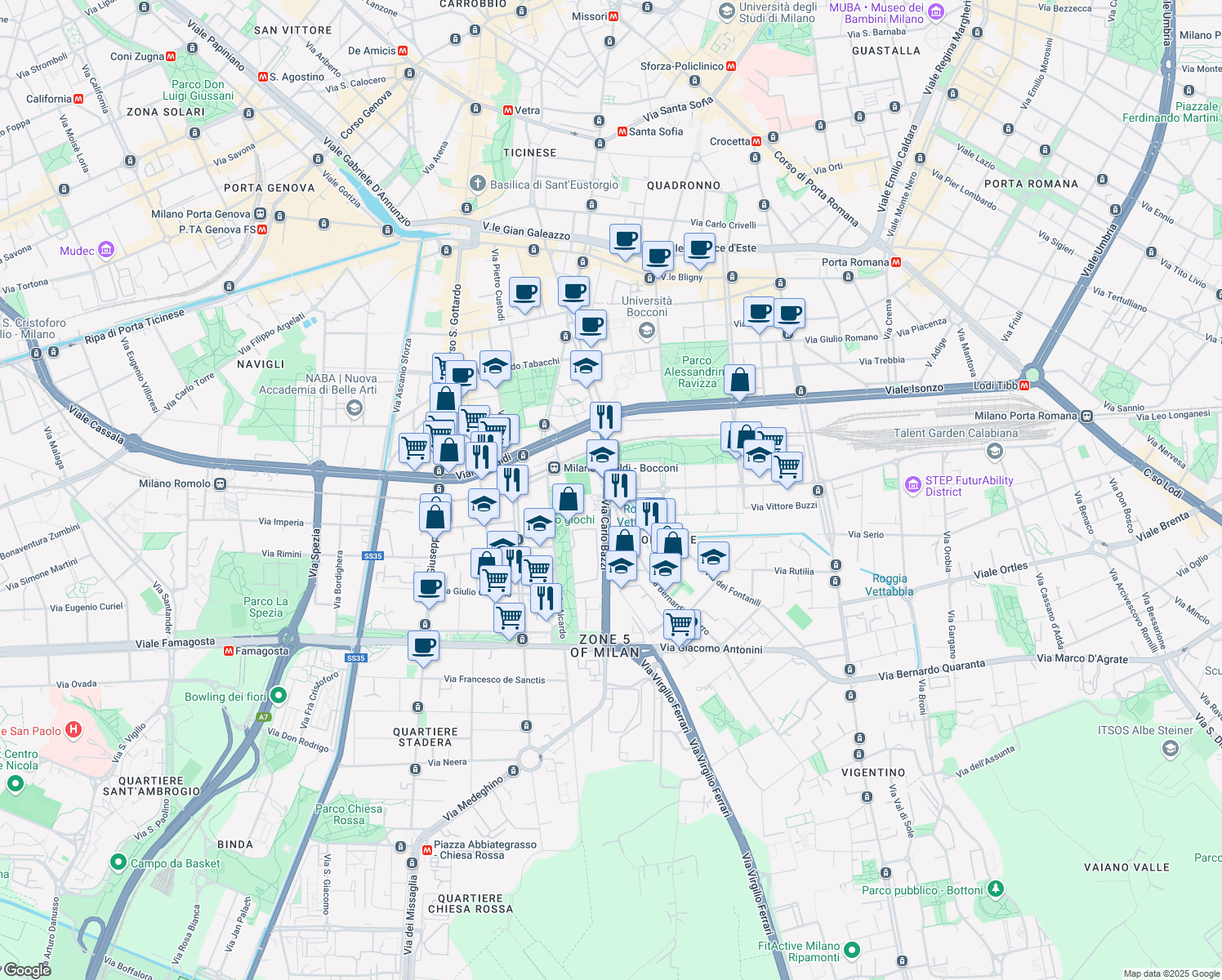 map of restaurants, bars, coffee shops, grocery stores, and more near 5 Via Giovanni Spadolini in Milano