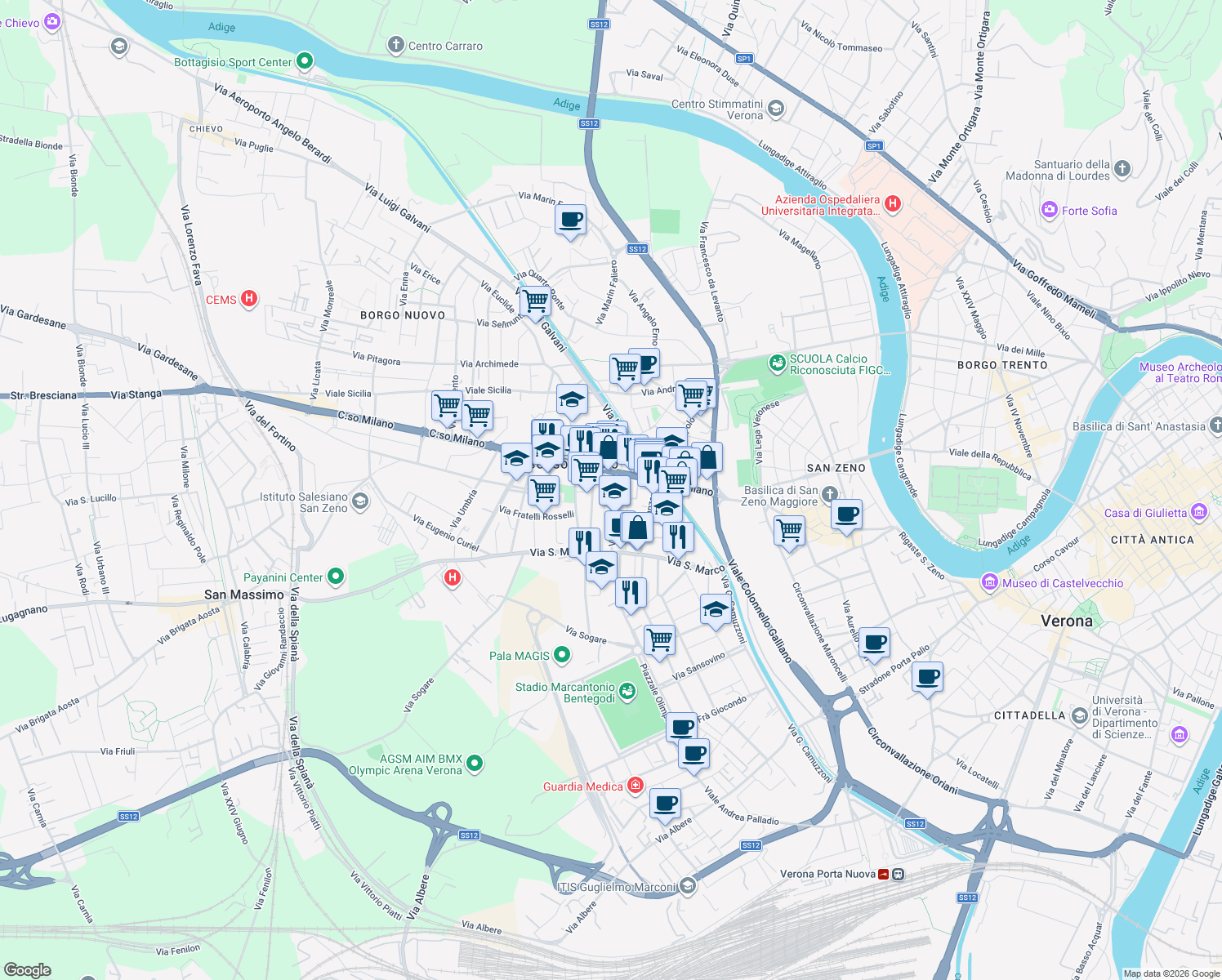 map of restaurants, bars, coffee shops, grocery stores, and more near 15 Via Ugo Foscolo in Verona