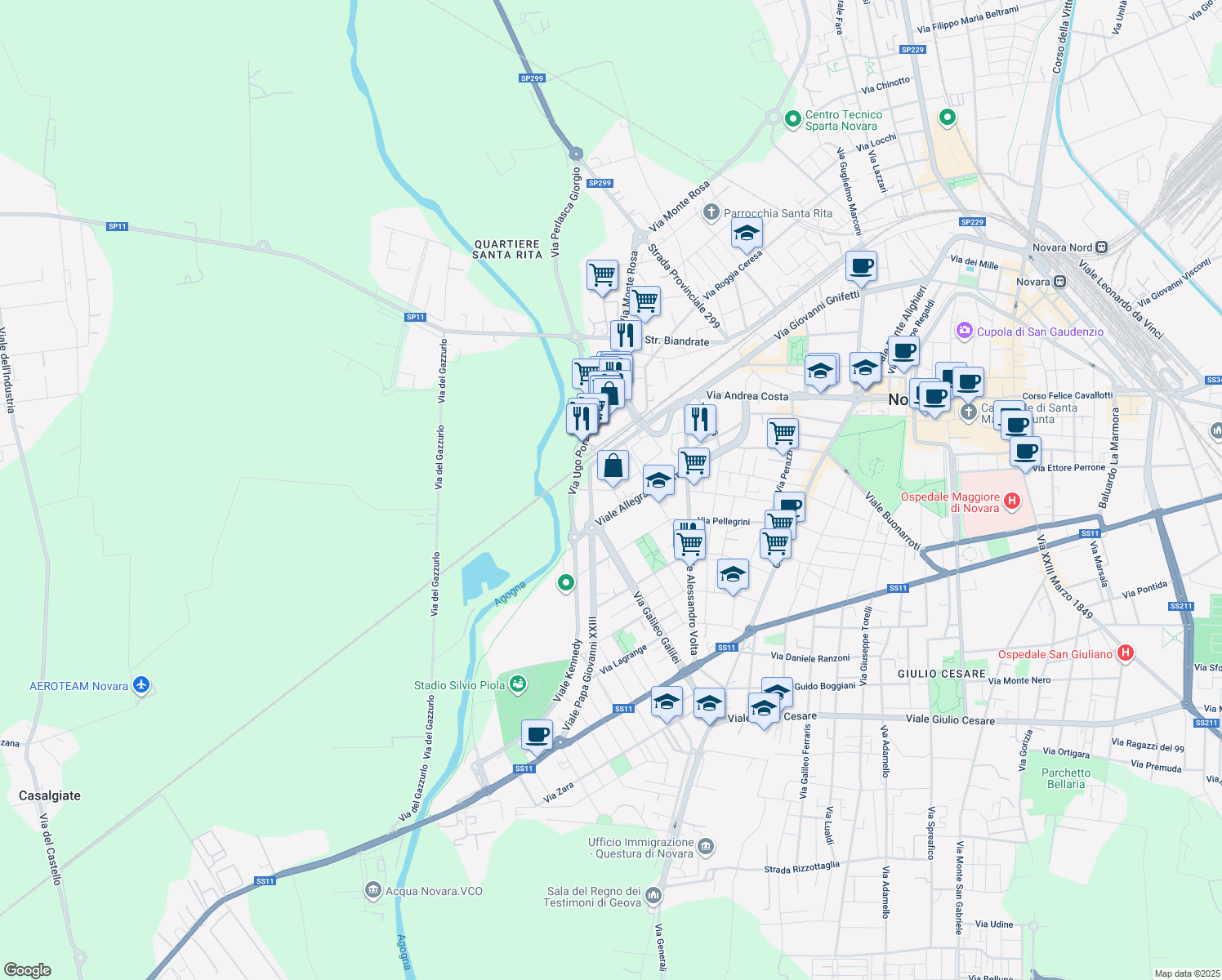 map of restaurants, bars, coffee shops, grocery stores, and more near 44 Via Agogna in Novara