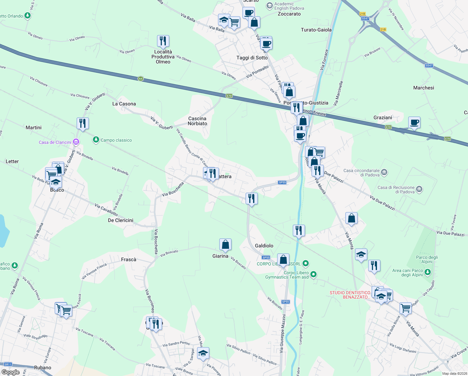 map of restaurants, bars, coffee shops, grocery stores, and more near 23 Via E. Toti in Villaguattera
