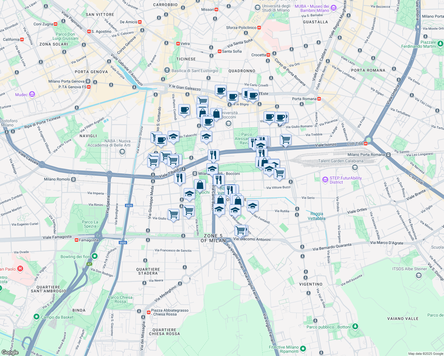 map of restaurants, bars, coffee shops, grocery stores, and more near 5 Via Giovanni Spadolini in Milano
