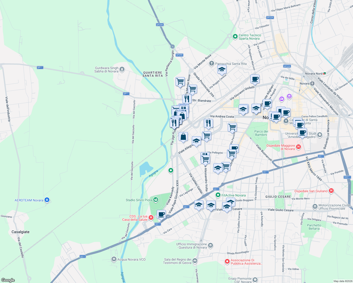 map of restaurants, bars, coffee shops, grocery stores, and more near 16 Via Madre Teresa di Calcutta in Novara
