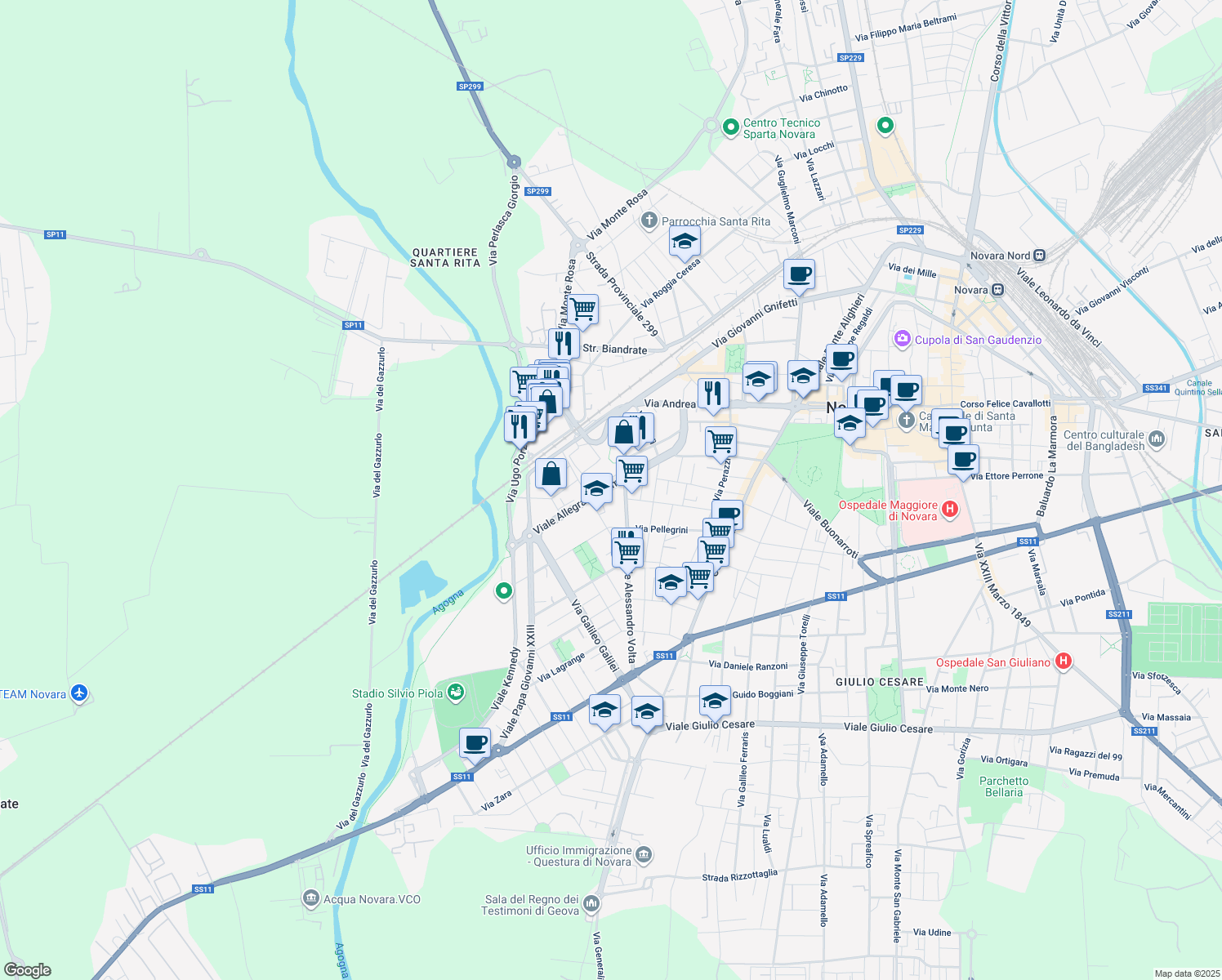 map of restaurants, bars, coffee shops, grocery stores, and more near 12 Viale Allegra Giacomo in Novara