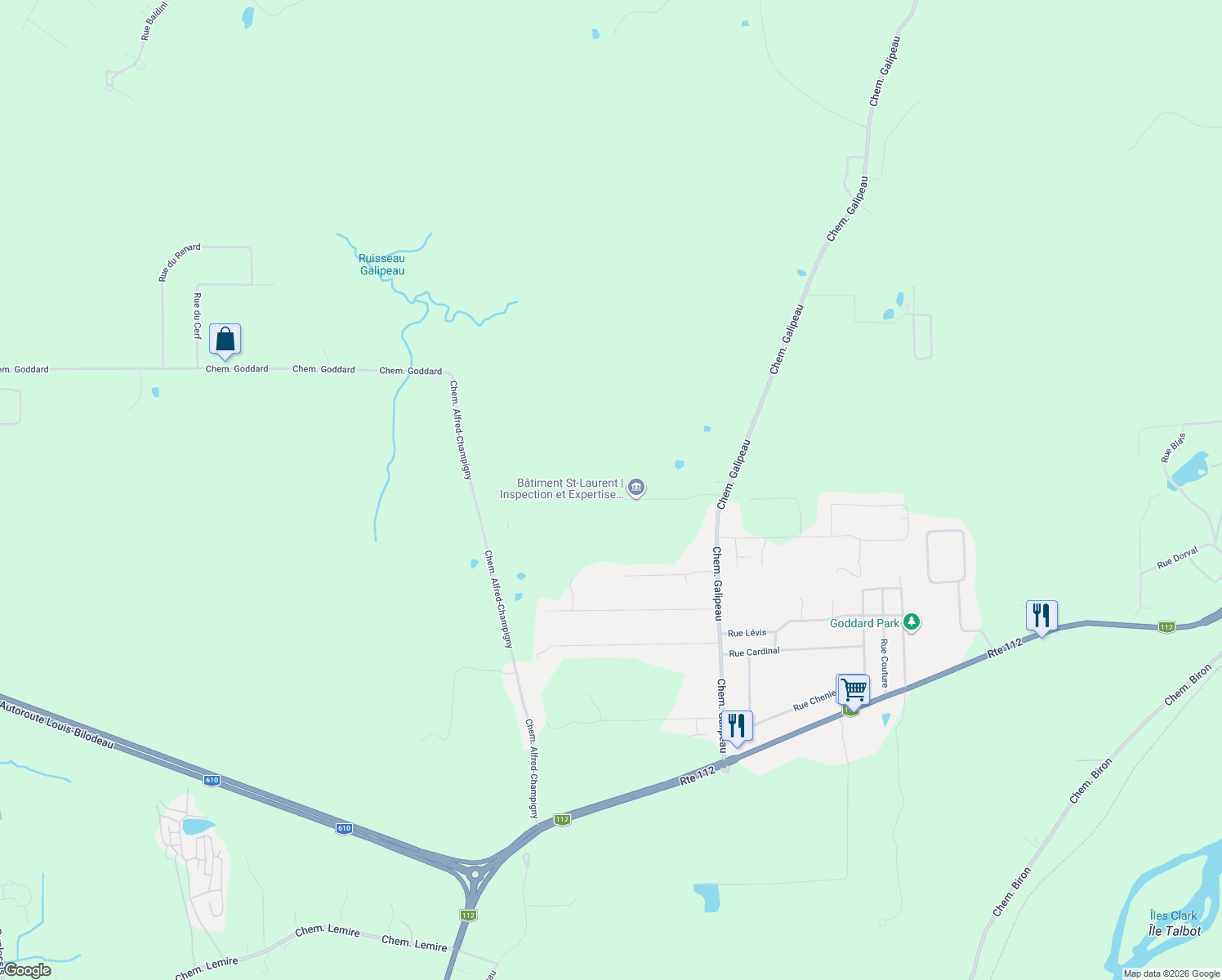 map of restaurants, bars, coffee shops, grocery stores, and more near 4319 Rue Lotus in Estrie