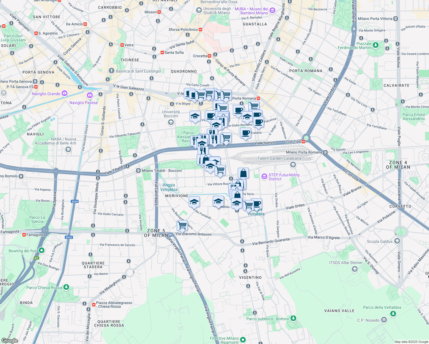 map of restaurants, bars, coffee shops, grocery stores, and more near 2 Via Pietrasanta in Milan