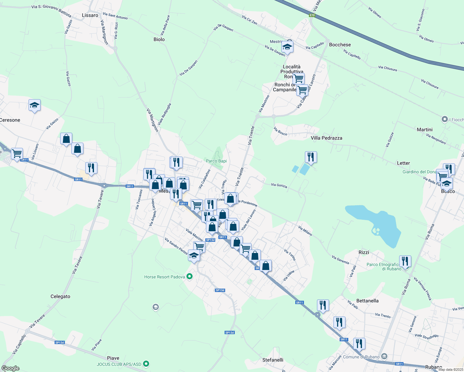 map of restaurants, bars, coffee shops, grocery stores, and more near 41 Via Trieste in Mestrino