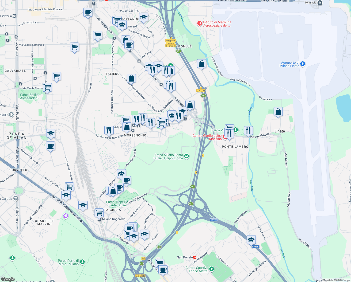 map of restaurants, bars, coffee shops, grocery stores, and more near 148 Via Romualdo Bonfadini in Milano