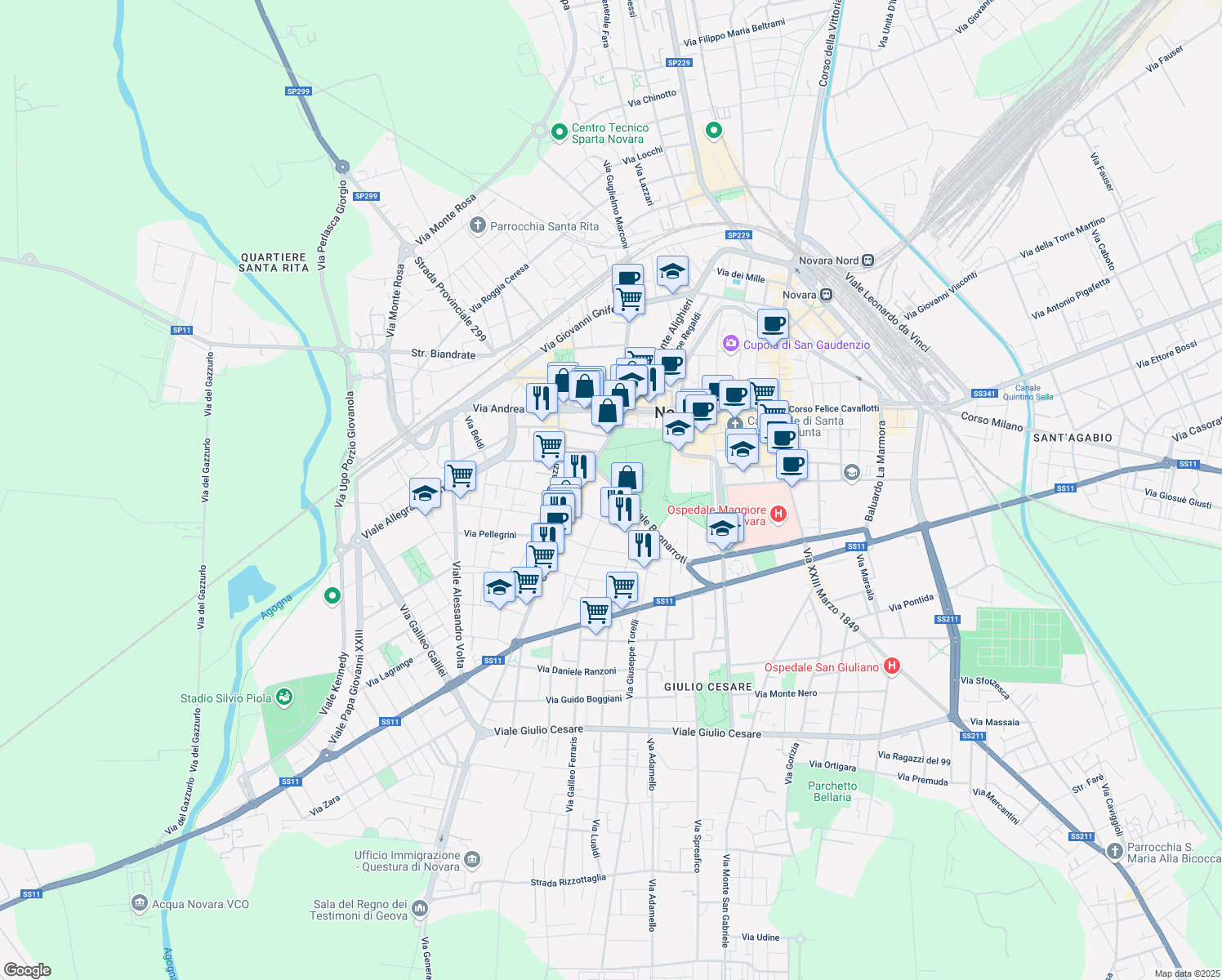 map of restaurants, bars, coffee shops, grocery stores, and more near 6 Via Michelangelo in Novara