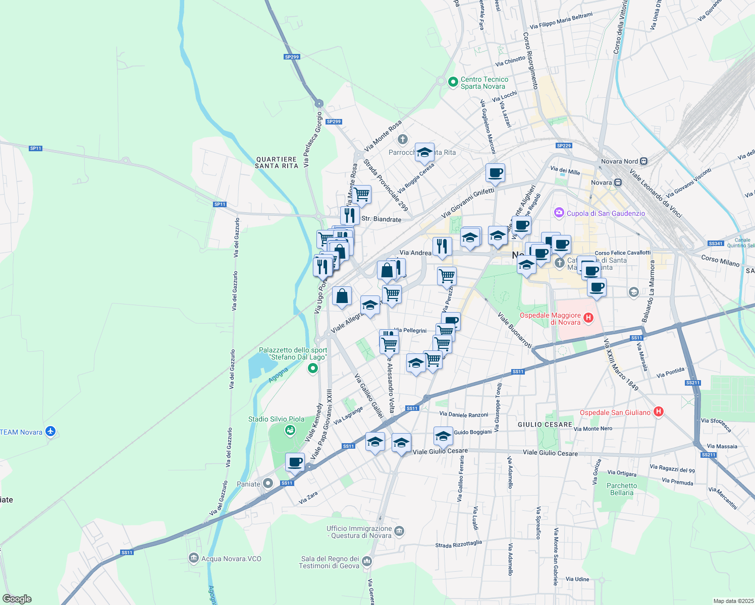 map of restaurants, bars, coffee shops, grocery stores, and more near 12 Viale Allegra Giacomo in Novara