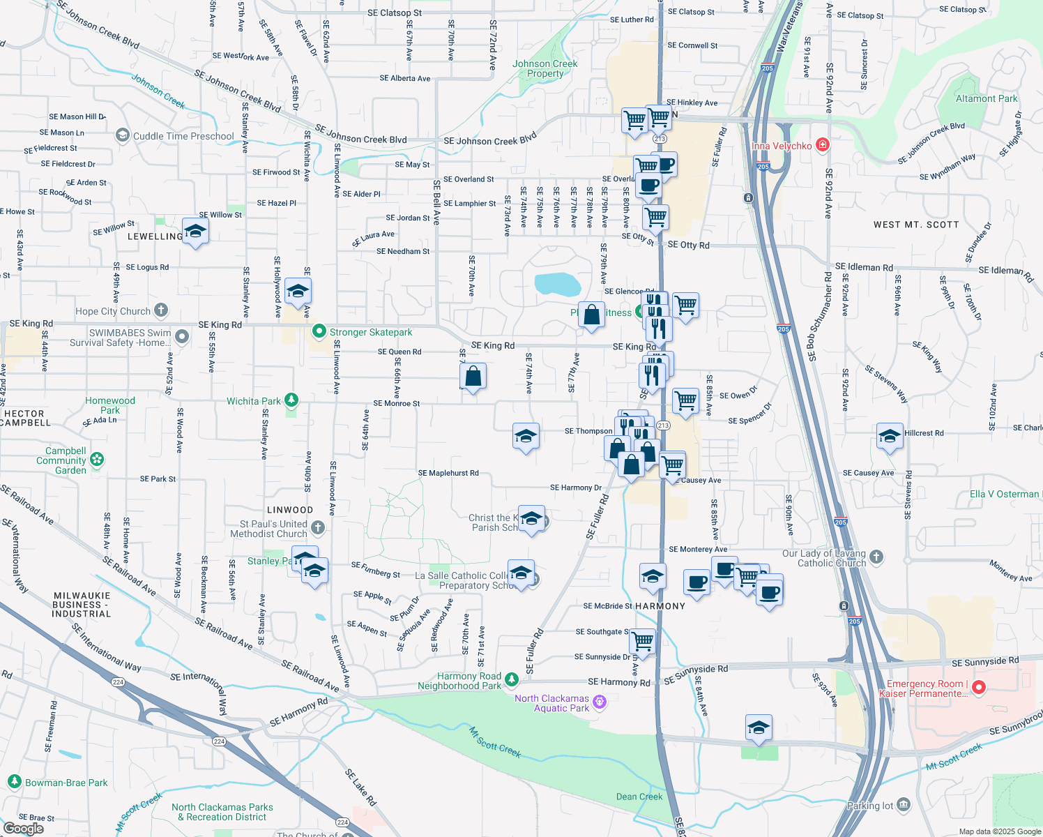 map of restaurants, bars, coffee shops, grocery stores, and more near 10884 Southeast 73rd Court in Milwaukie