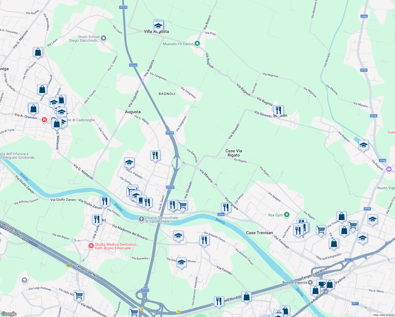 map of restaurants, bars, coffee shops, grocery stores, and more near 19 Via Silvestri in Cadoneghe