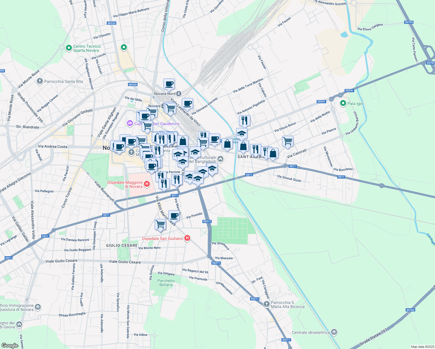 map of restaurants, bars, coffee shops, grocery stores, and more near 20 Via Monsignore Leone Ossola in Novara
