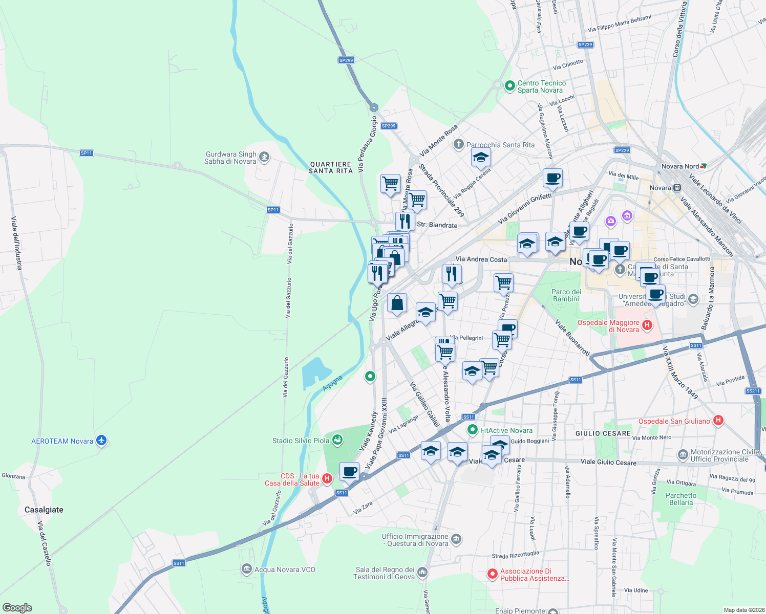 map of restaurants, bars, coffee shops, grocery stores, and more near 16 Via Madre Teresa di Calcutta in Novara