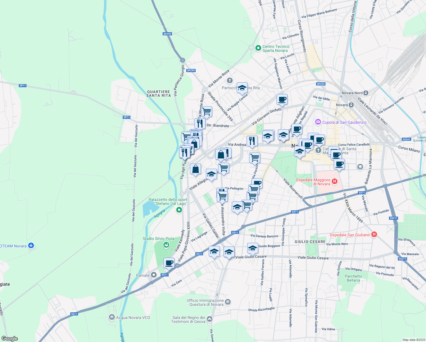 map of restaurants, bars, coffee shops, grocery stores, and more near 12 Viale Allegra Giacomo in Novara