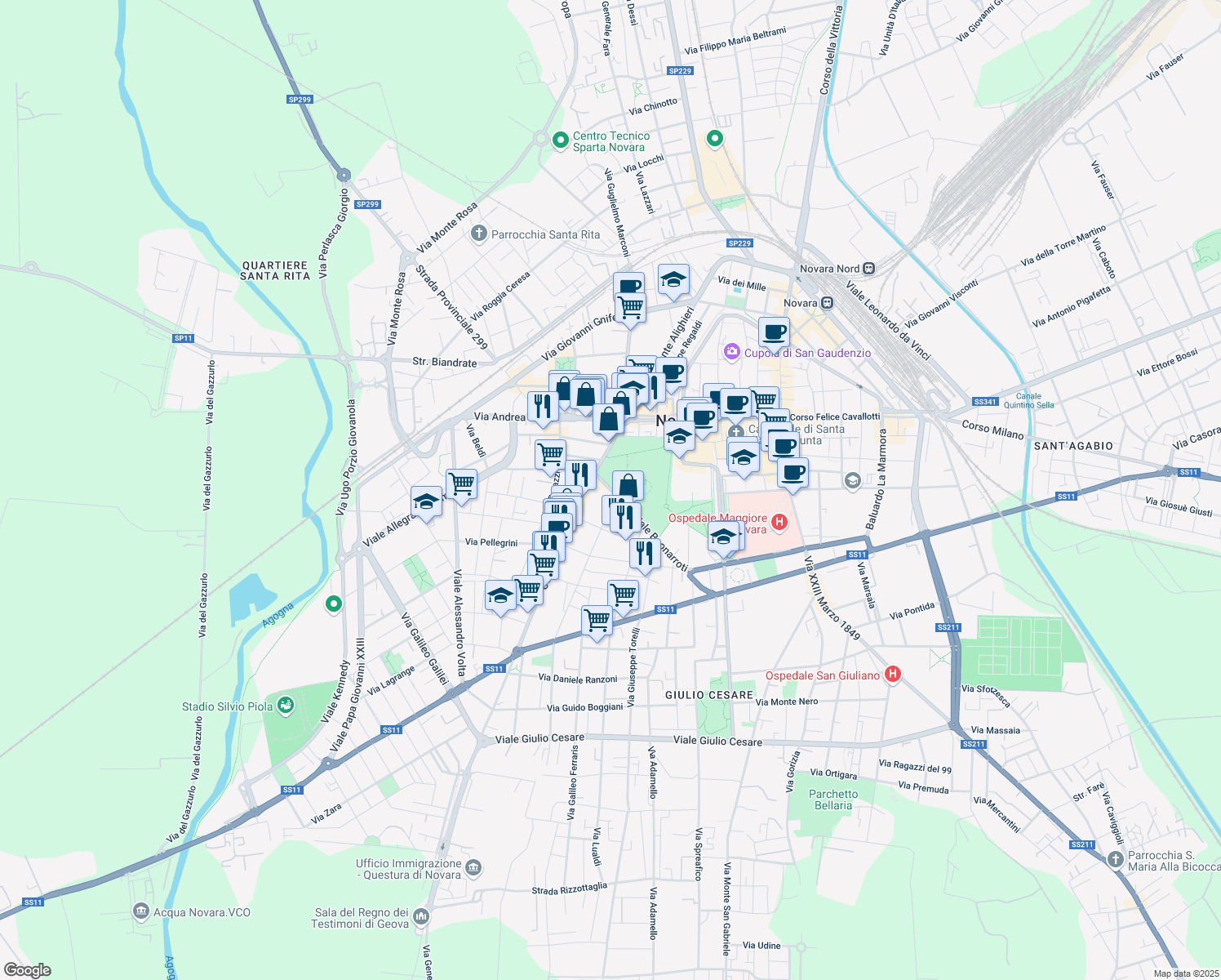 map of restaurants, bars, coffee shops, grocery stores, and more near 6 Viale Buonarroti in Novara