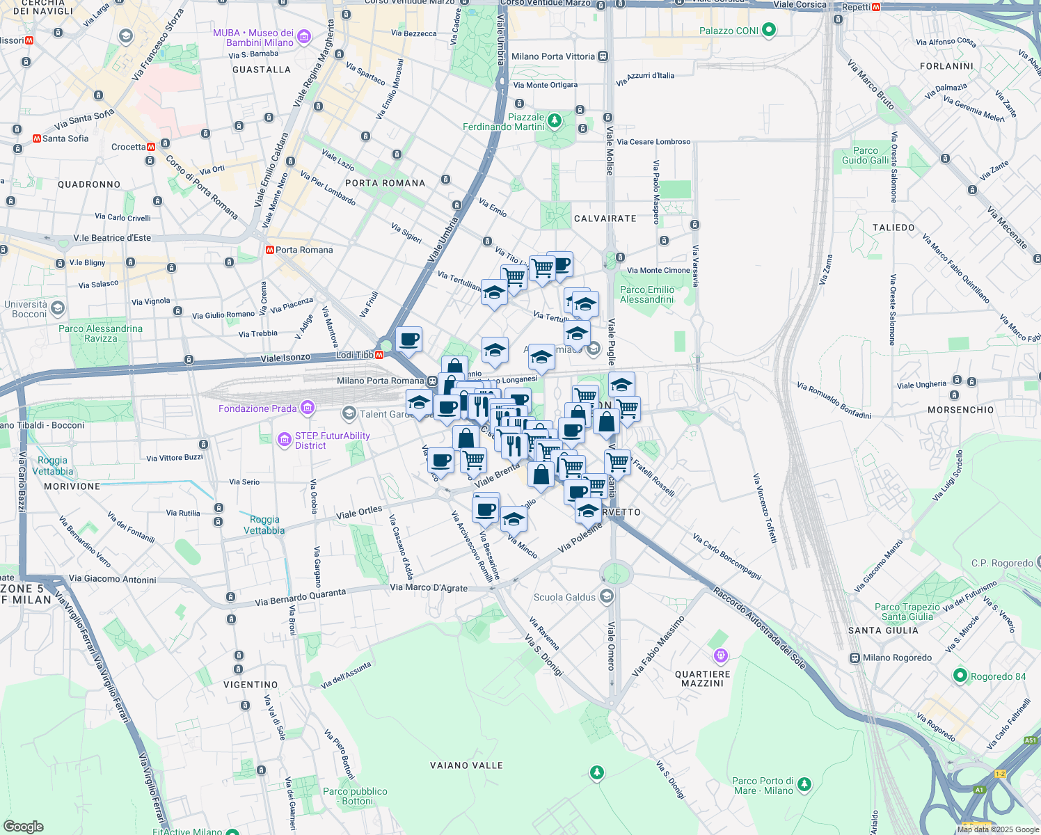 map of restaurants, bars, coffee shops, grocery stores, and more near 21 Via Nervesa in Milano