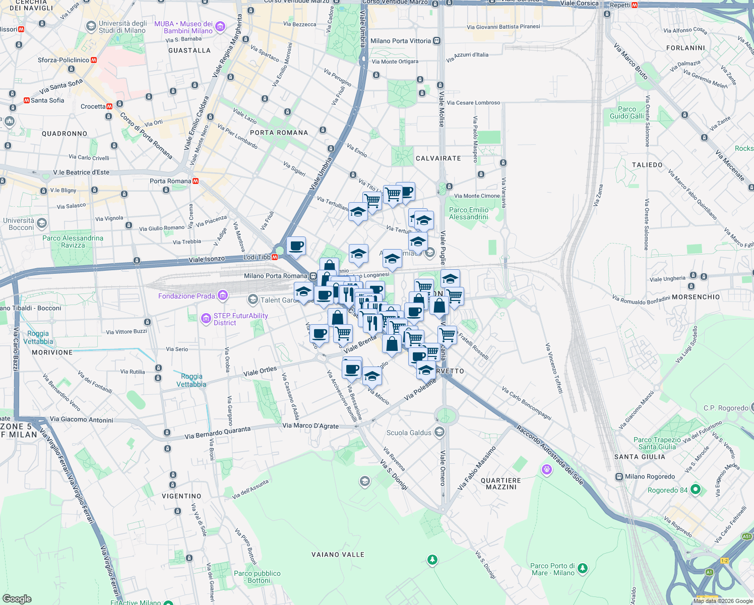 map of restaurants, bars, coffee shops, grocery stores, and more near 21 Via Nervesa in Milano