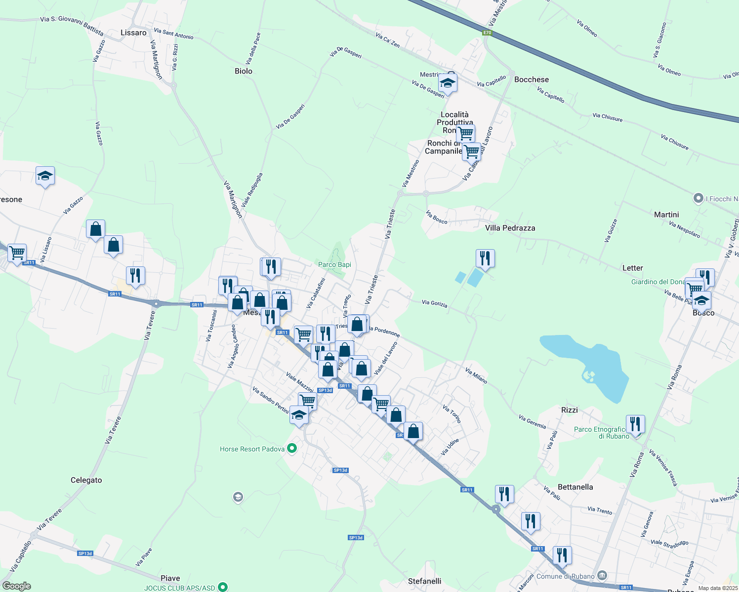 map of restaurants, bars, coffee shops, grocery stores, and more near 41 Via Trieste in Mestrino