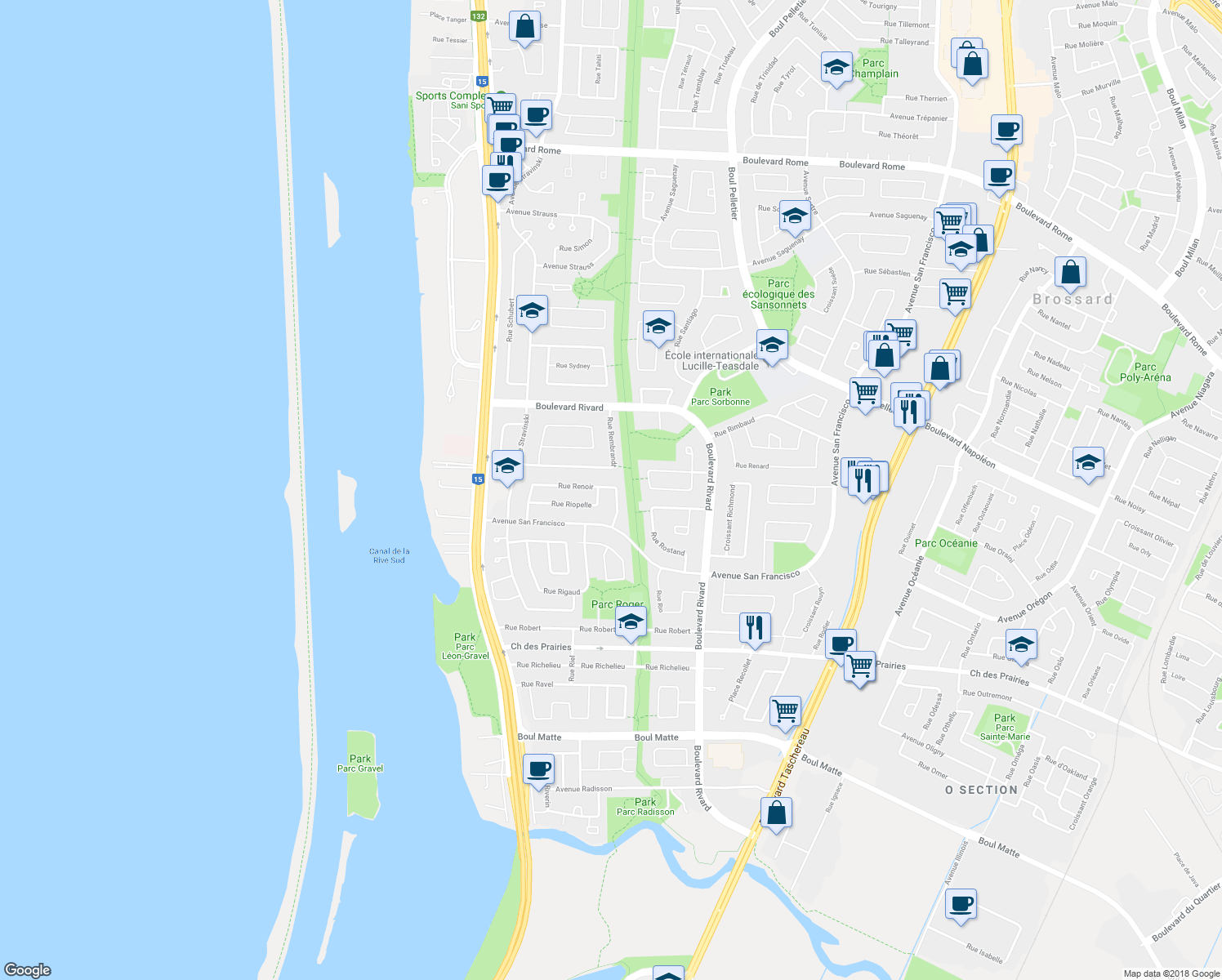map of restaurants, bars, coffee shops, grocery stores, and more near 940 Rue Renoir in Brossard