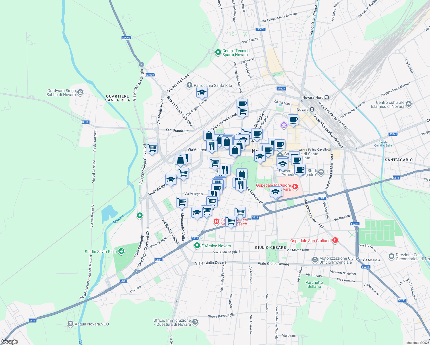 map of restaurants, bars, coffee shops, grocery stores, and more near 10 Via Perazzi in Novara