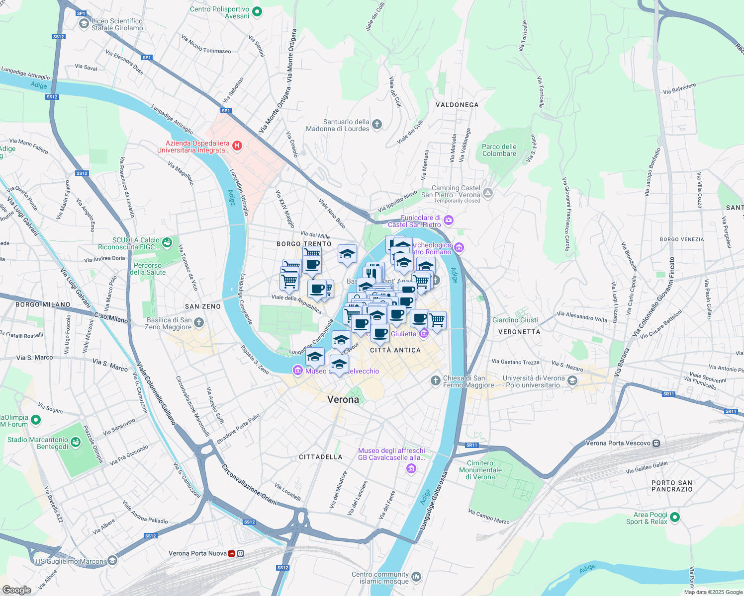 map of restaurants, bars, coffee shops, grocery stores, and more near 12 Via San Salvatore Vecchio in Verona