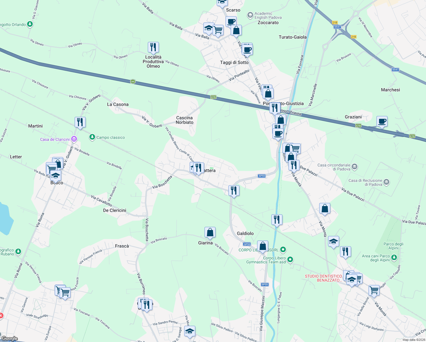 map of restaurants, bars, coffee shops, grocery stores, and more near 23 Via Toti Enrico in Villaguattera