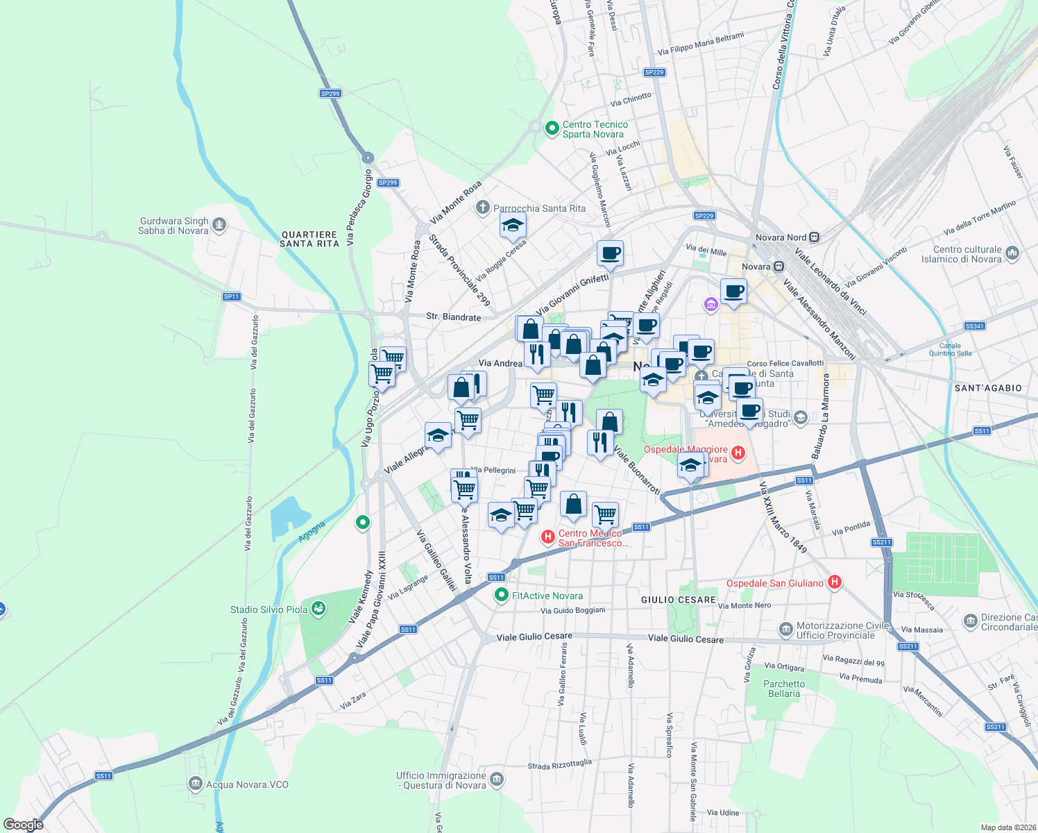 map of restaurants, bars, coffee shops, grocery stores, and more near 12 Via Benedetto Alfieri in Novara