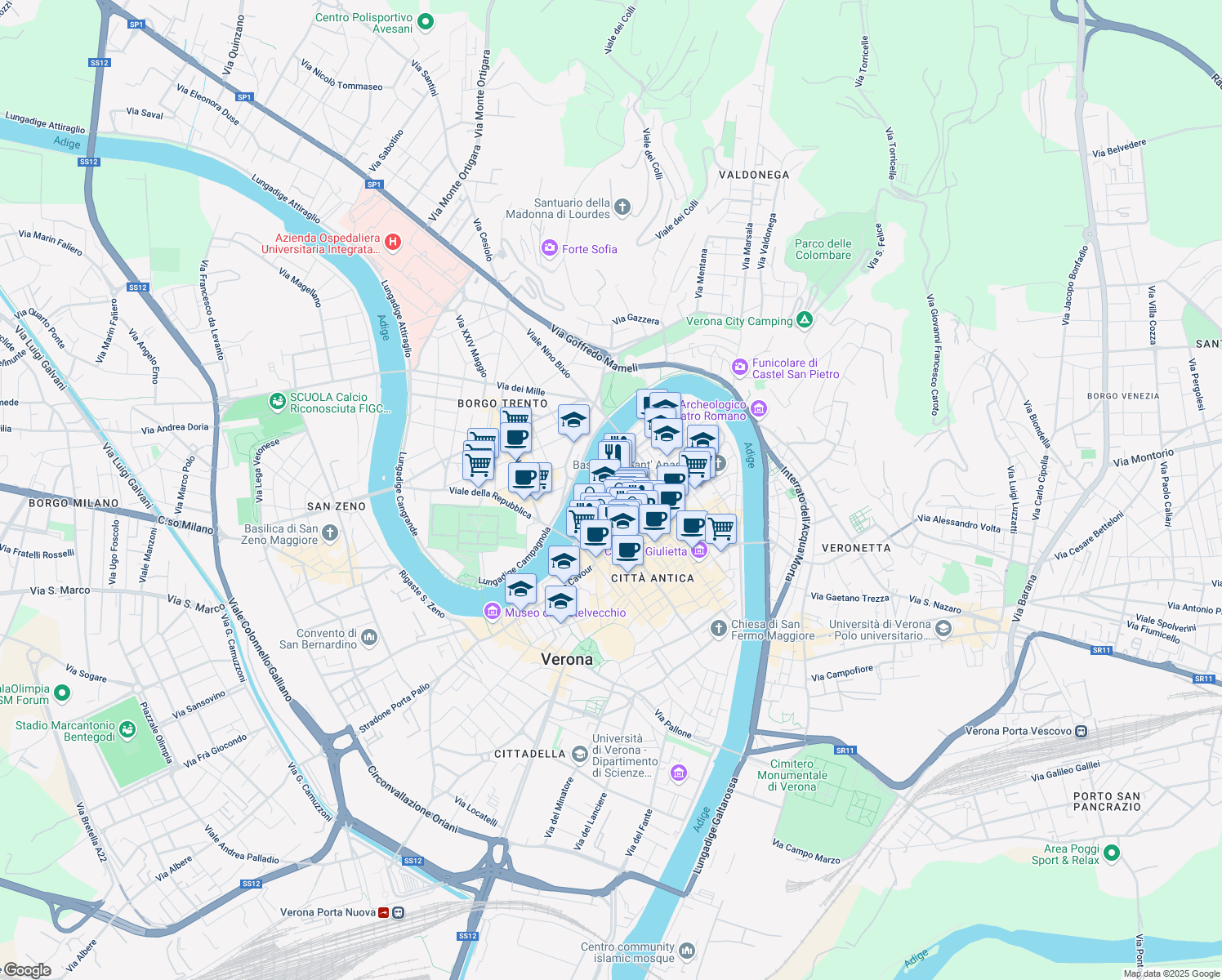 map of restaurants, bars, coffee shops, grocery stores, and more near 12 Via San Salvatore Vecchio in Verona