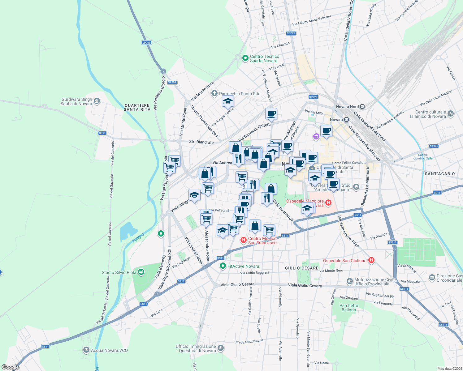 map of restaurants, bars, coffee shops, grocery stores, and more near 12 Via Benedetto Alfieri in Novara