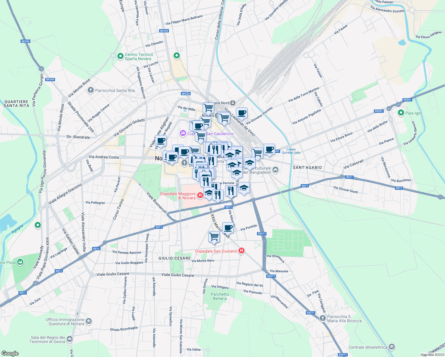 map of restaurants, bars, coffee shops, grocery stores, and more near 16 Via Ettore Perrone in Novara