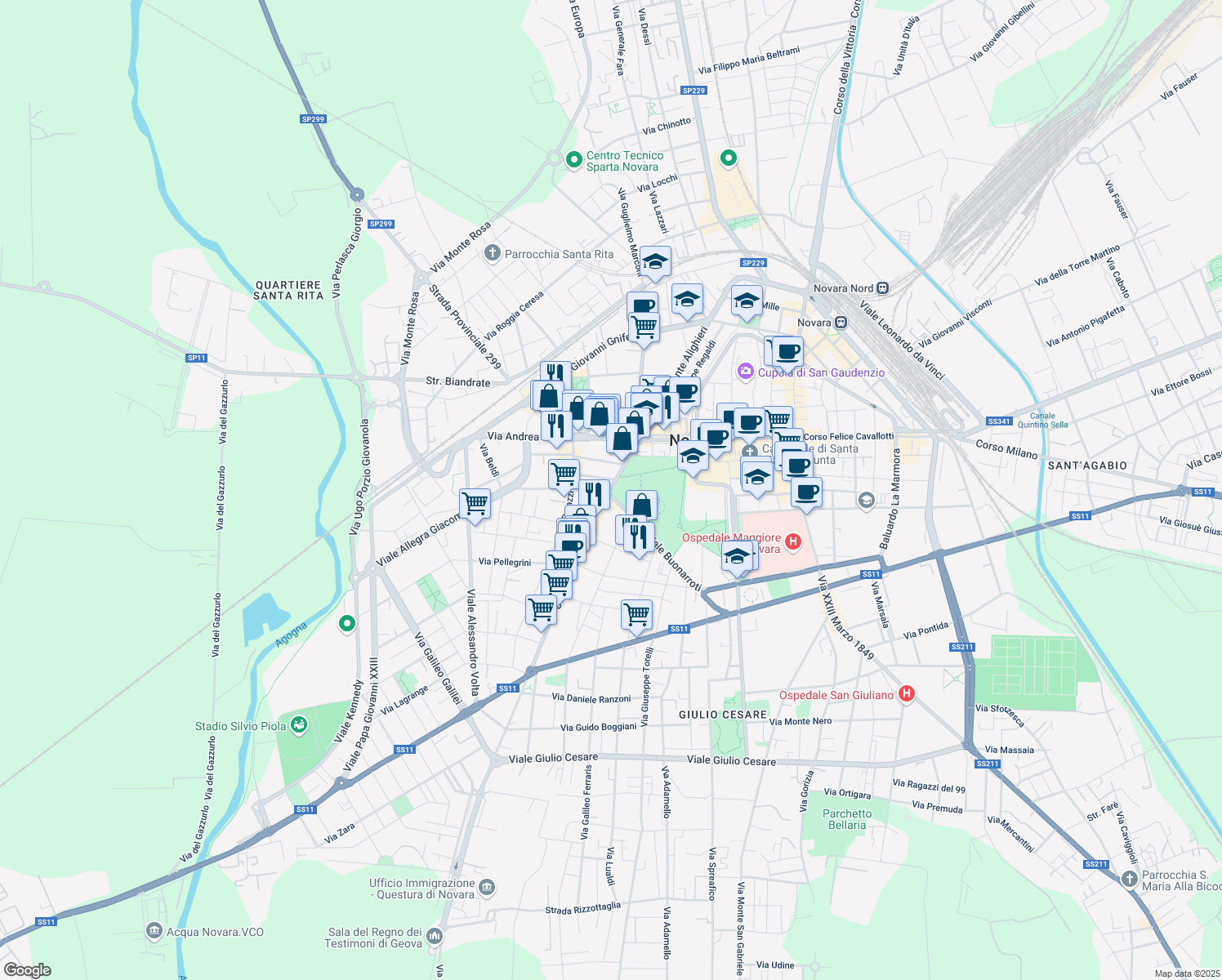map of restaurants, bars, coffee shops, grocery stores, and more near 2-4 Via Giulio Biglieri in Novara