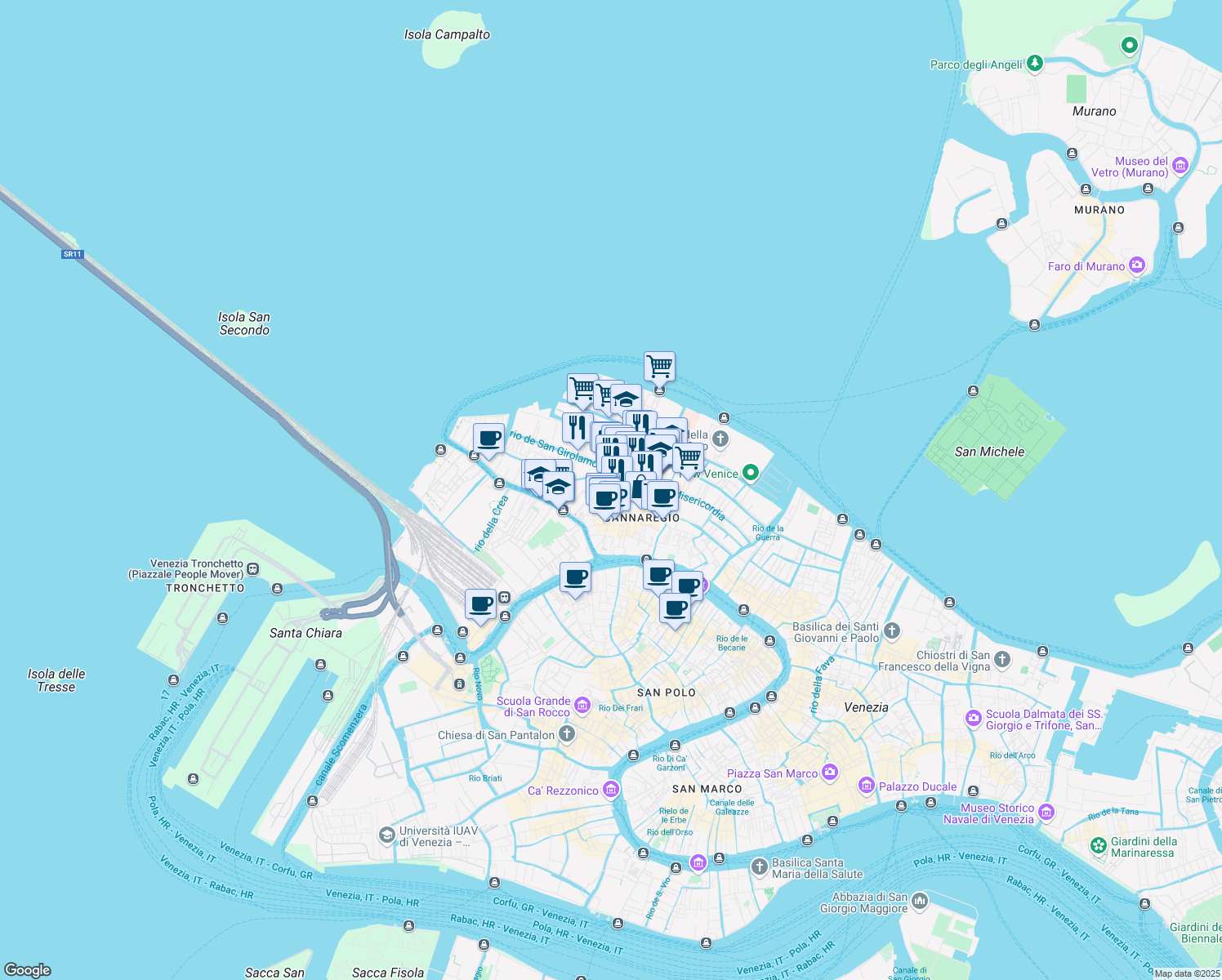 map of restaurants, bars, coffee shops, grocery stores, and more near 2904 Calesele in Venezia