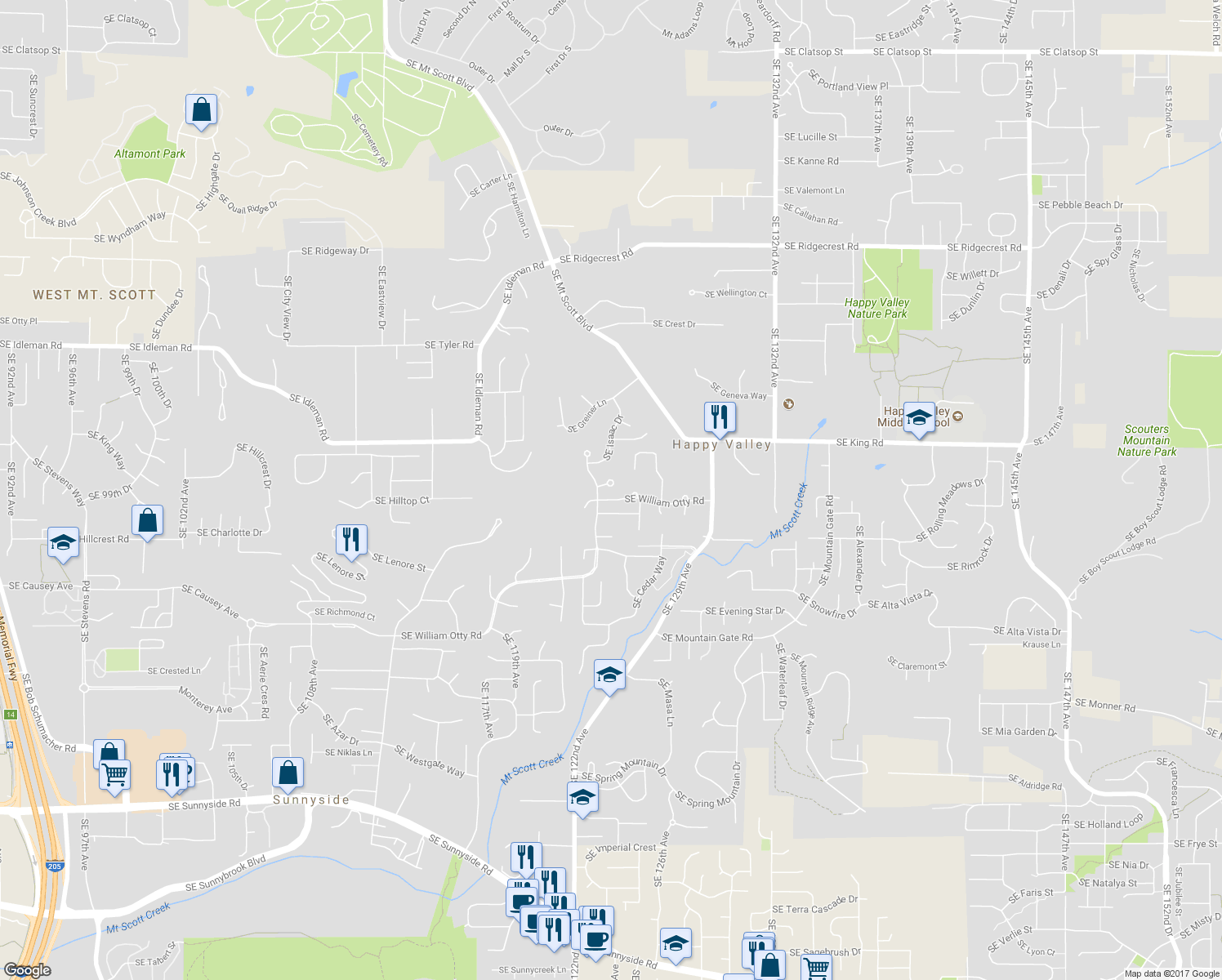 map of restaurants, bars, coffee shops, grocery stores, and more near 12388 Southeast Spencer Court in Happy Valley