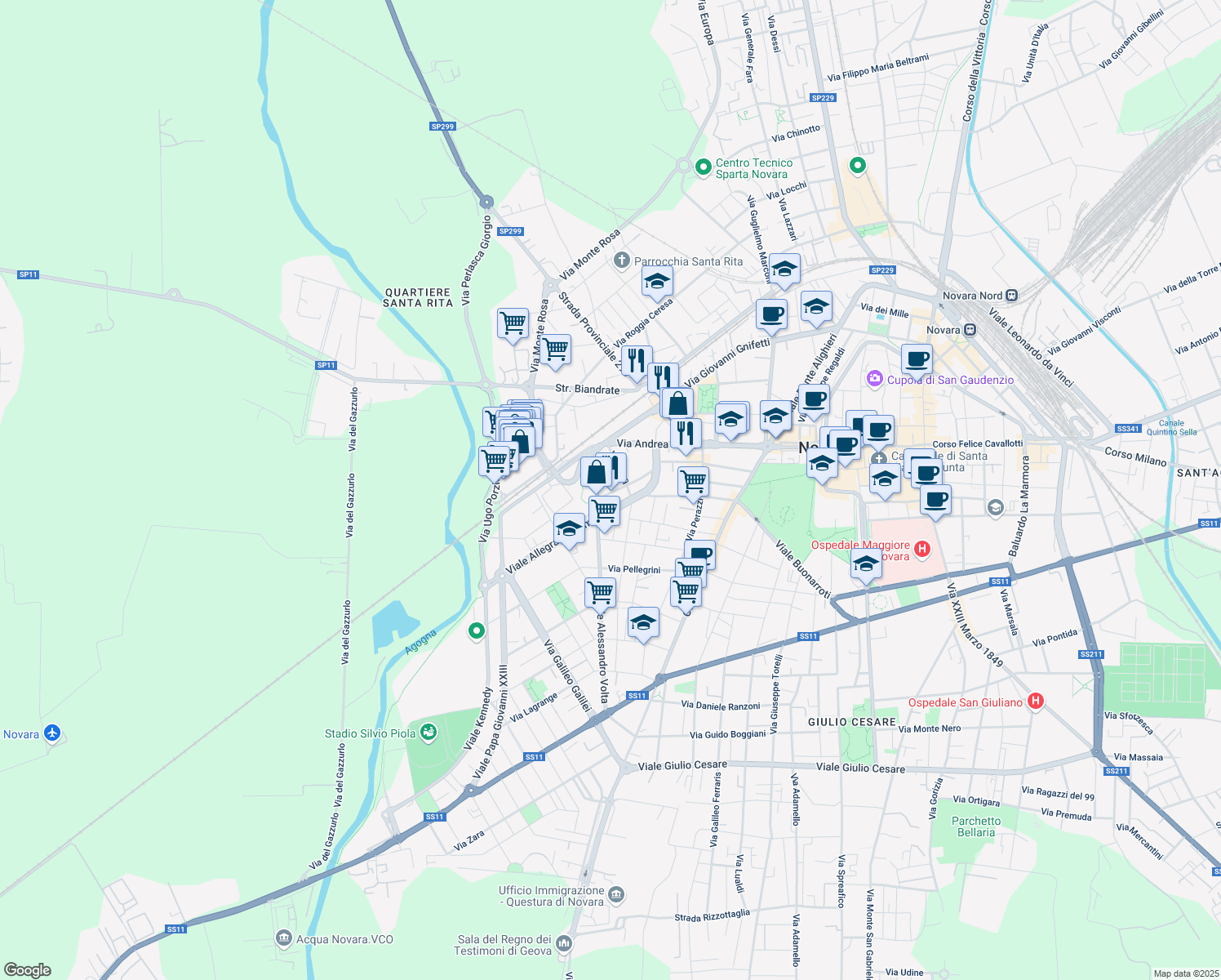 map of restaurants, bars, coffee shops, grocery stores, and more near 28 Via Agogna in Novara