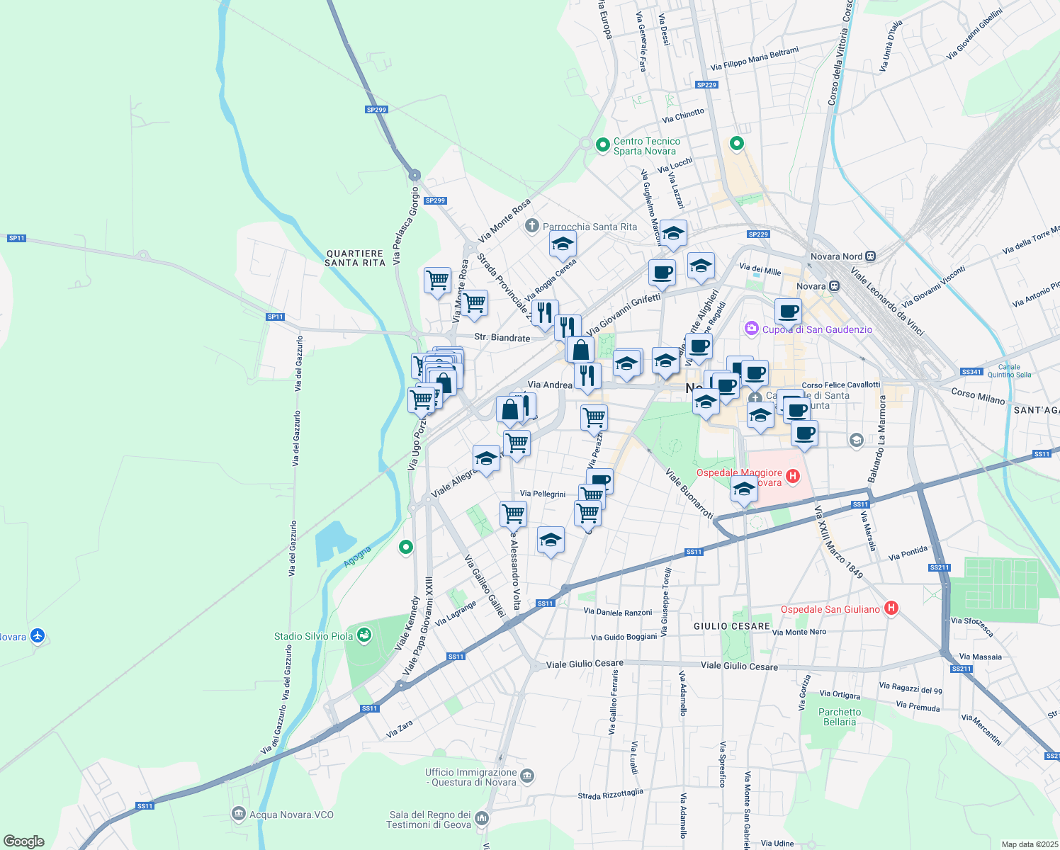 map of restaurants, bars, coffee shops, grocery stores, and more near 28 Via Agogna in Novara