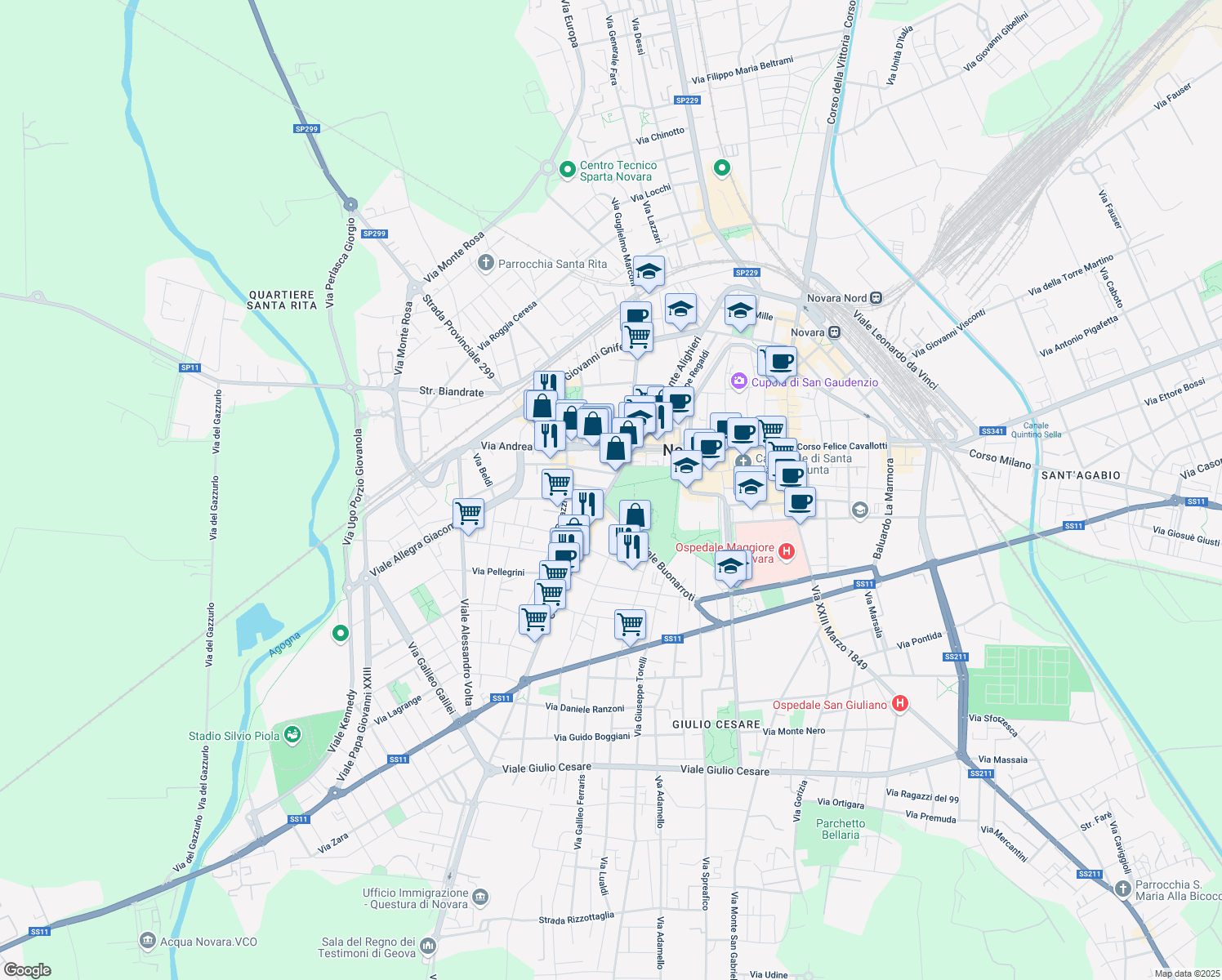 map of restaurants, bars, coffee shops, grocery stores, and more near 4 Via Giulio Biglieri in Novara