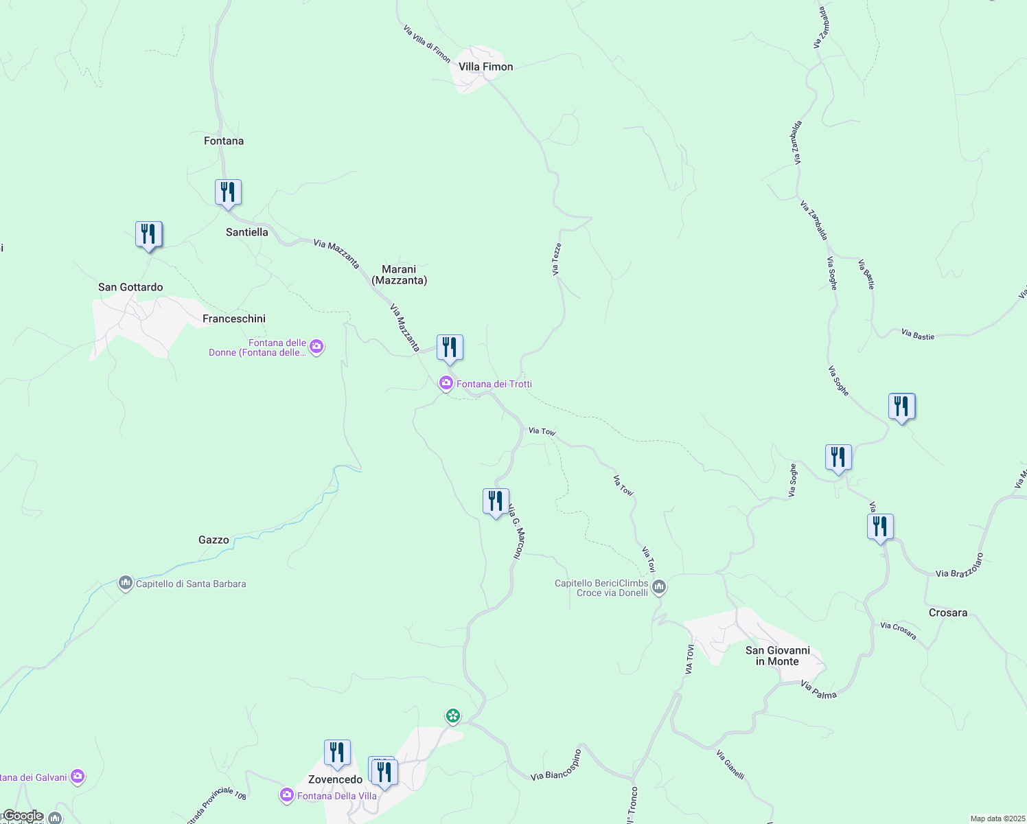 map of restaurants, bars, coffee shops, grocery stores, and more near 64 Via Mazzanta in Province of Vicenza