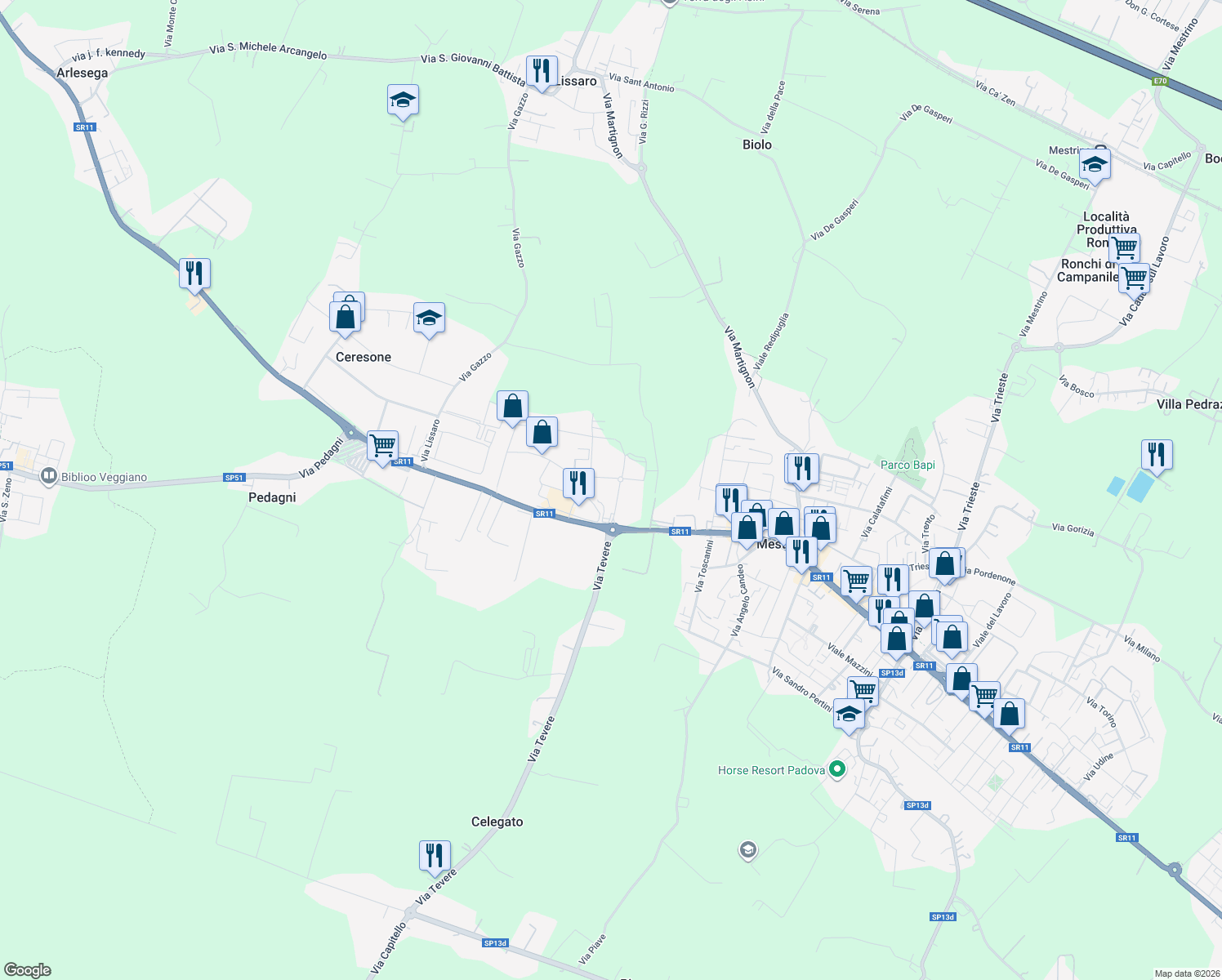 map of restaurants, bars, coffee shops, grocery stores, and more near 1 Via Levico in Mestrino