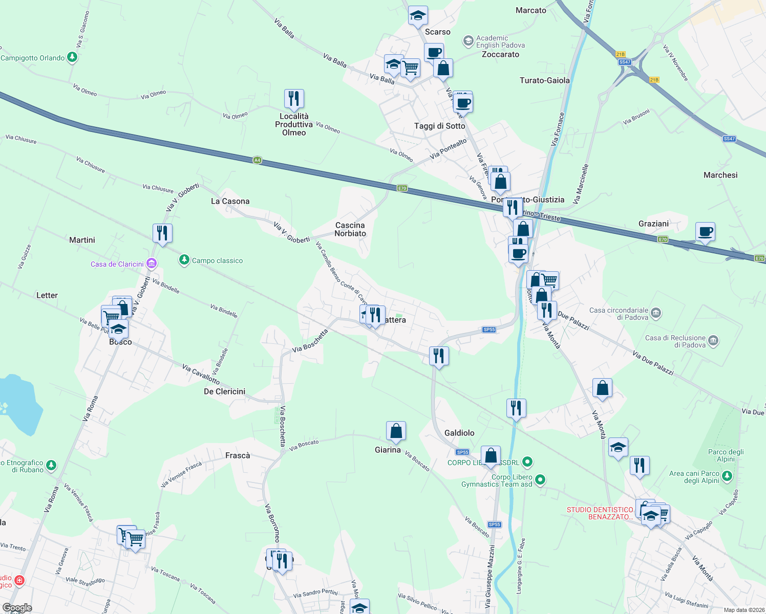 map of restaurants, bars, coffee shops, grocery stores, and more near 5 Via Giorgio Perlasca in Villaguattera