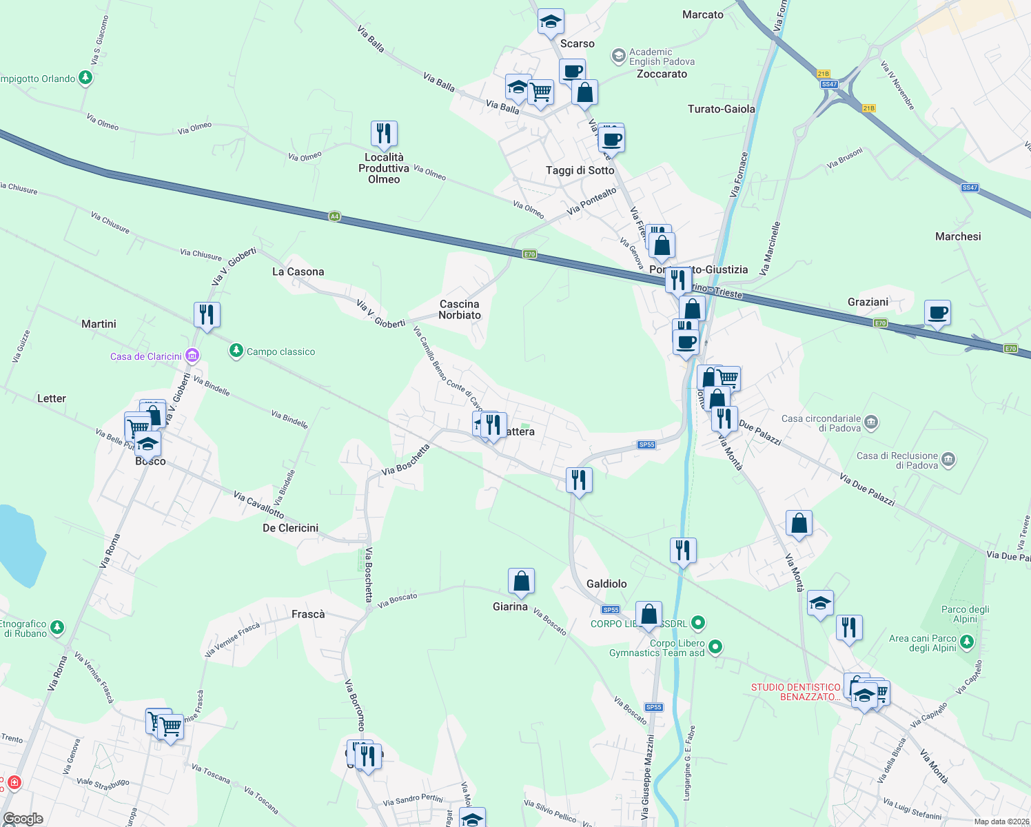 map of restaurants, bars, coffee shops, grocery stores, and more near 5 Via Giorgio Perlasca in Villaguattera