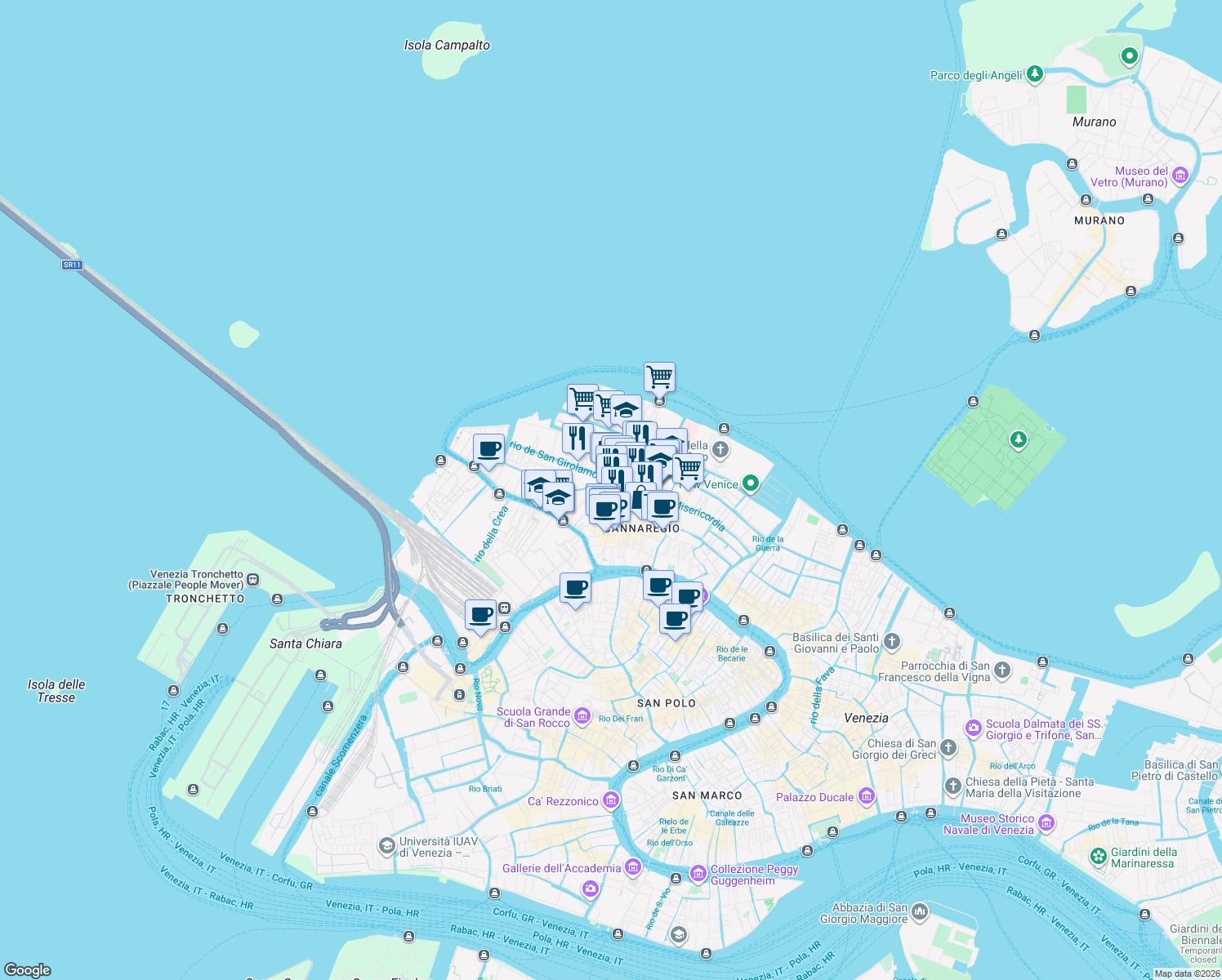 map of restaurants, bars, coffee shops, grocery stores, and more near 2904 Calle Farnese in Venezia