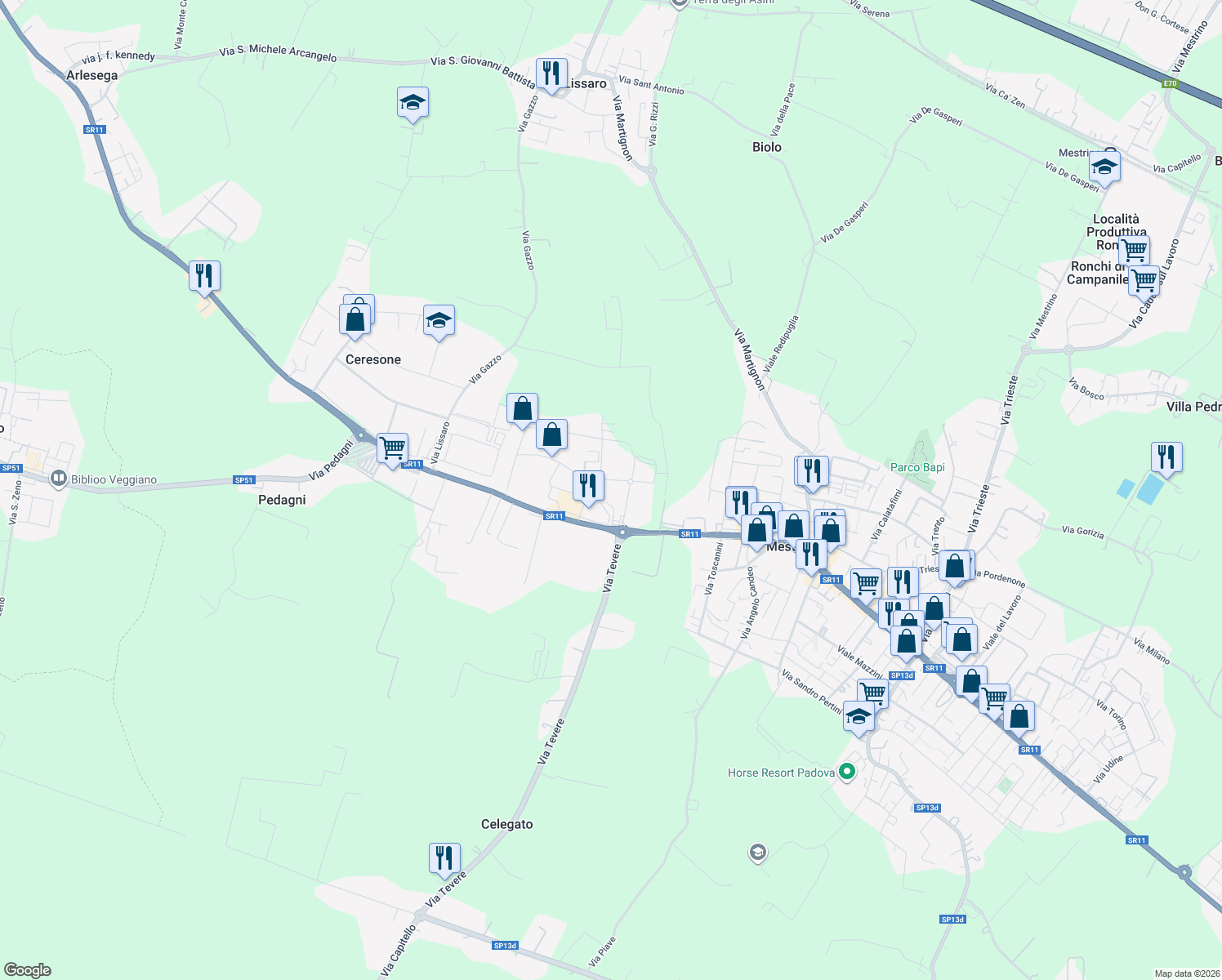 map of restaurants, bars, coffee shops, grocery stores, and more near 1 Via Levico in Mestrino