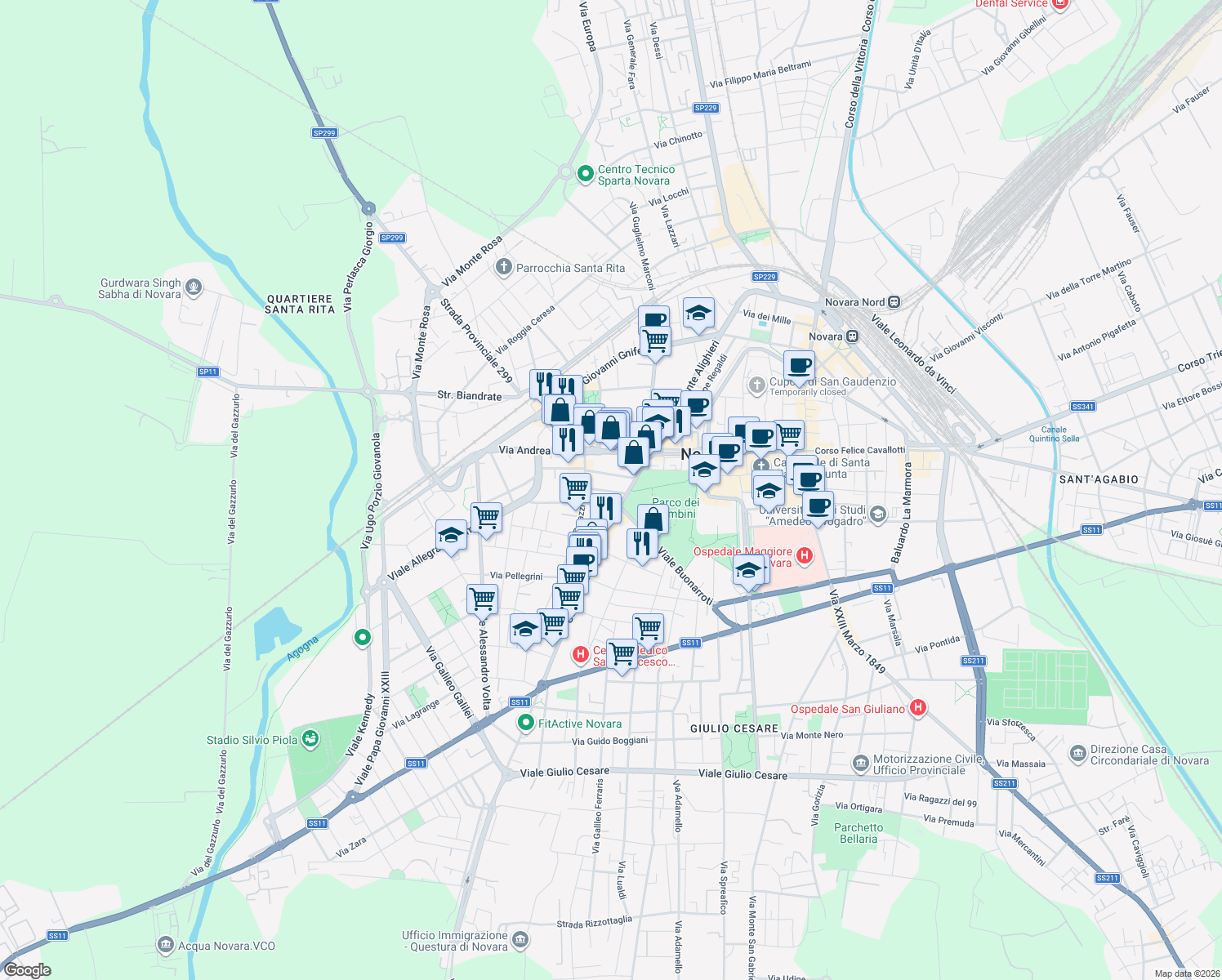 map of restaurants, bars, coffee shops, grocery stores, and more near 8 Via Santorre di Santarosa in Novara