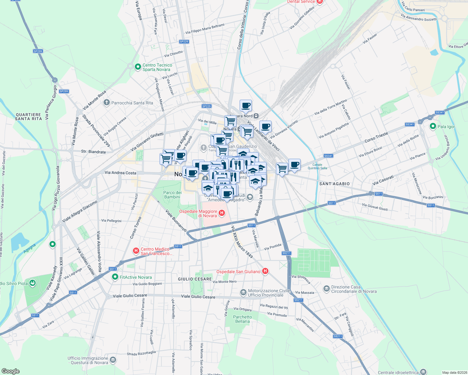 map of restaurants, bars, coffee shops, grocery stores, and more near 7 Via dei Tornielli in Novara