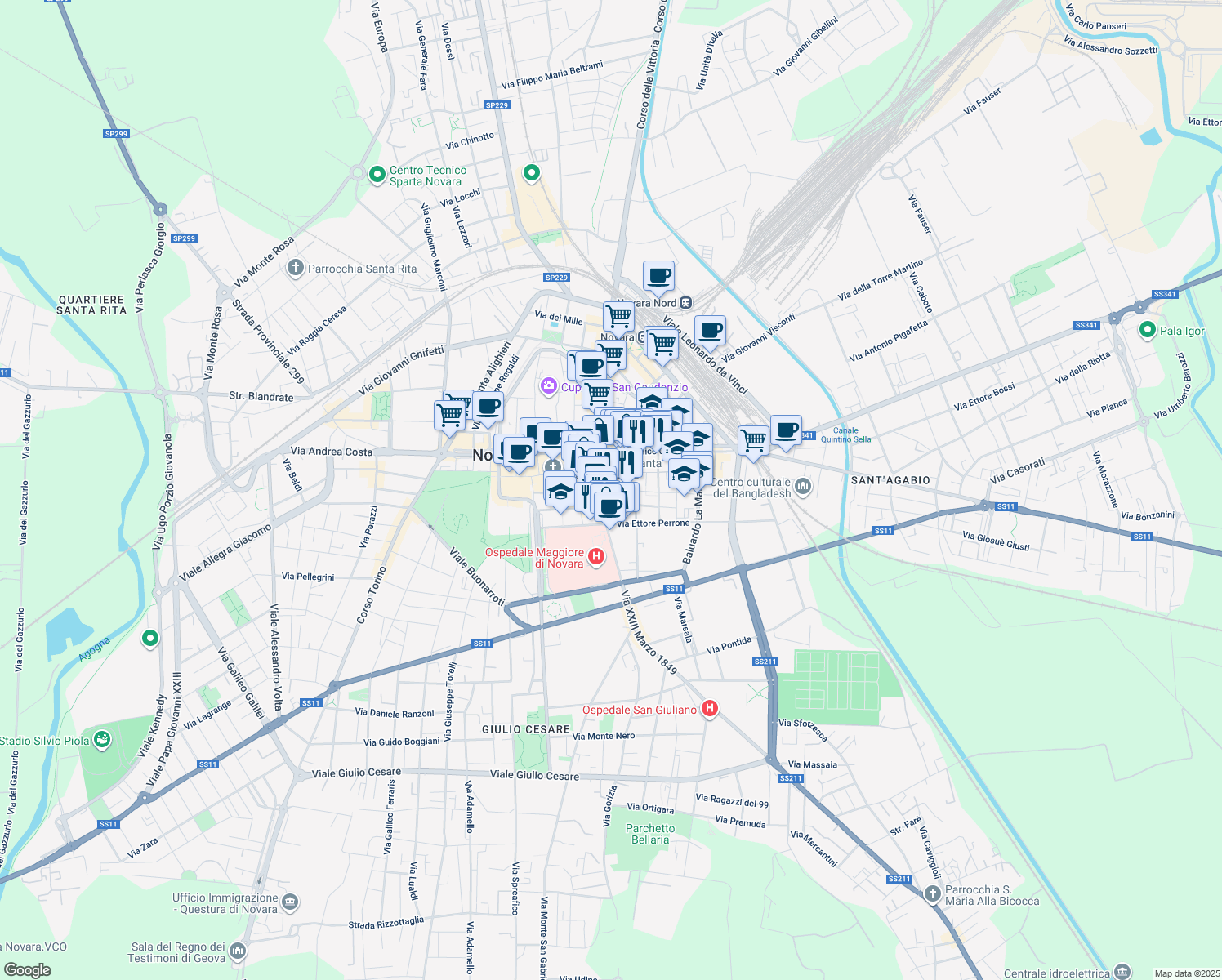 map of restaurants, bars, coffee shops, grocery stores, and more near 2 Via dei Tornielli in Novara