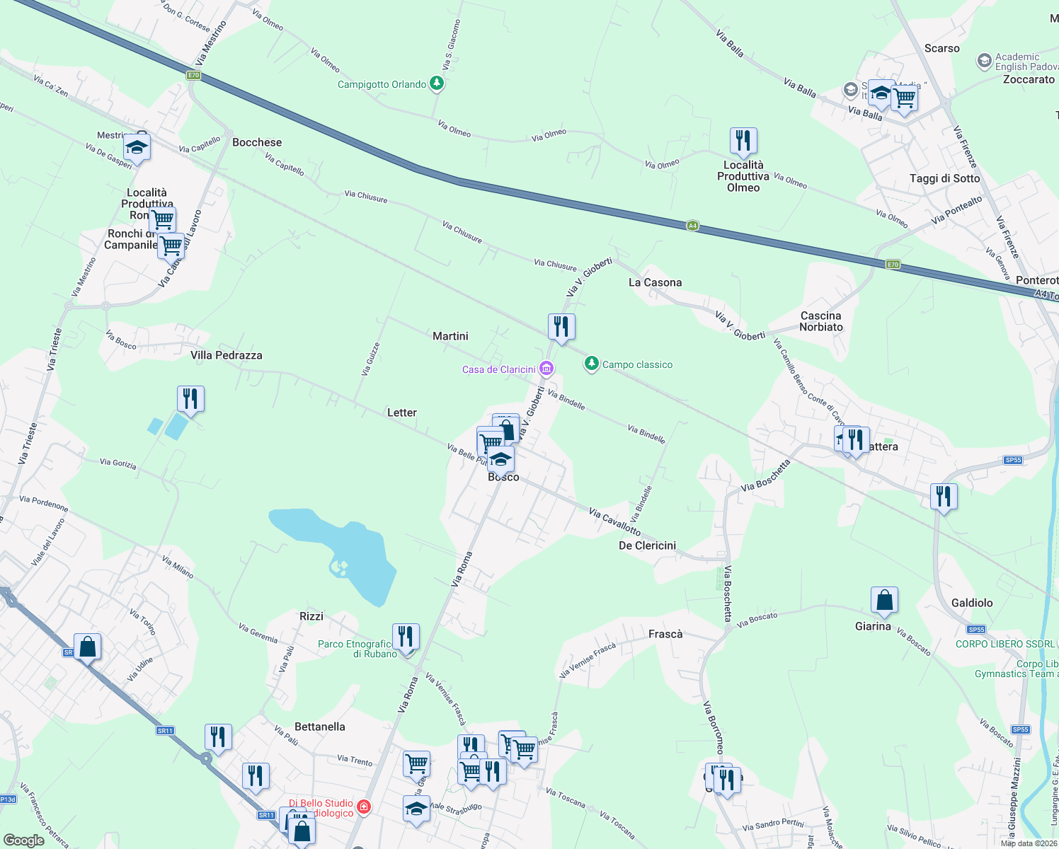 map of restaurants, bars, coffee shops, grocery stores, and more near 6F Via V. Gioberti in Bosco