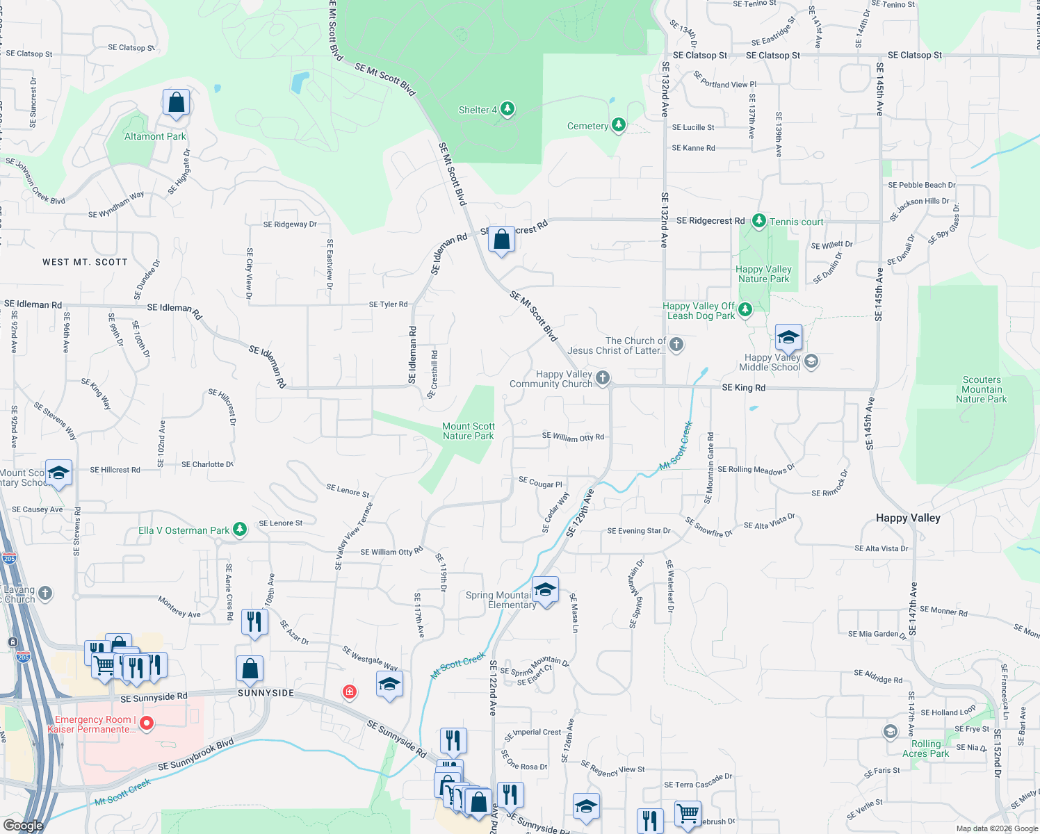 map of restaurants, bars, coffee shops, grocery stores, and more near 12363 Southeast Spencer Court in Happy Valley