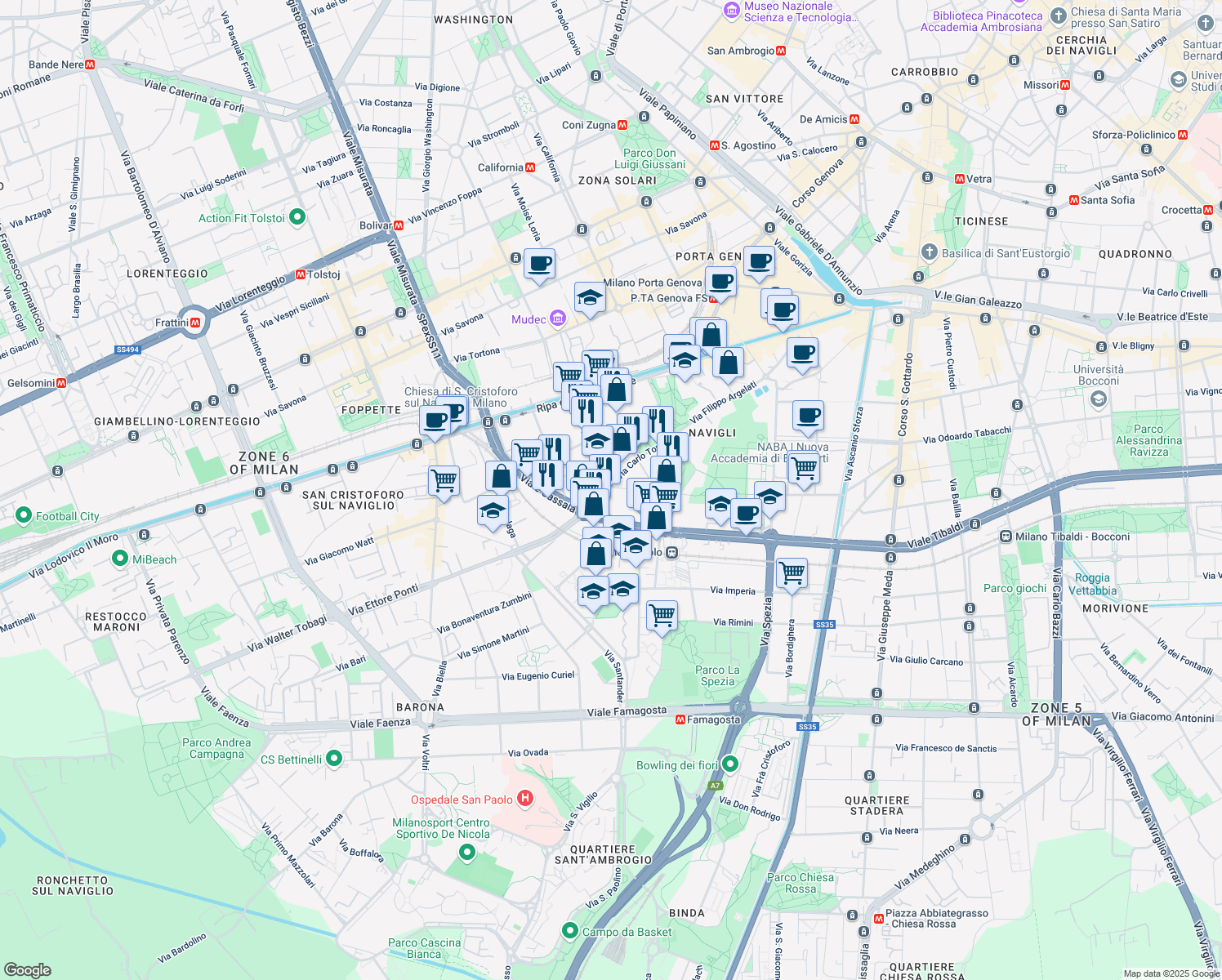 map of restaurants, bars, coffee shops, grocery stores, and more near 39 Via Carlo Torre in Milano