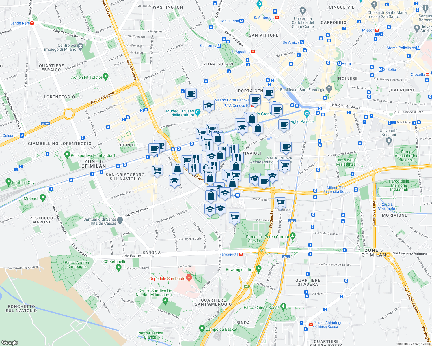 map of restaurants, bars, coffee shops, grocery stores, and more near 39 Via Carlo Torre in Milano